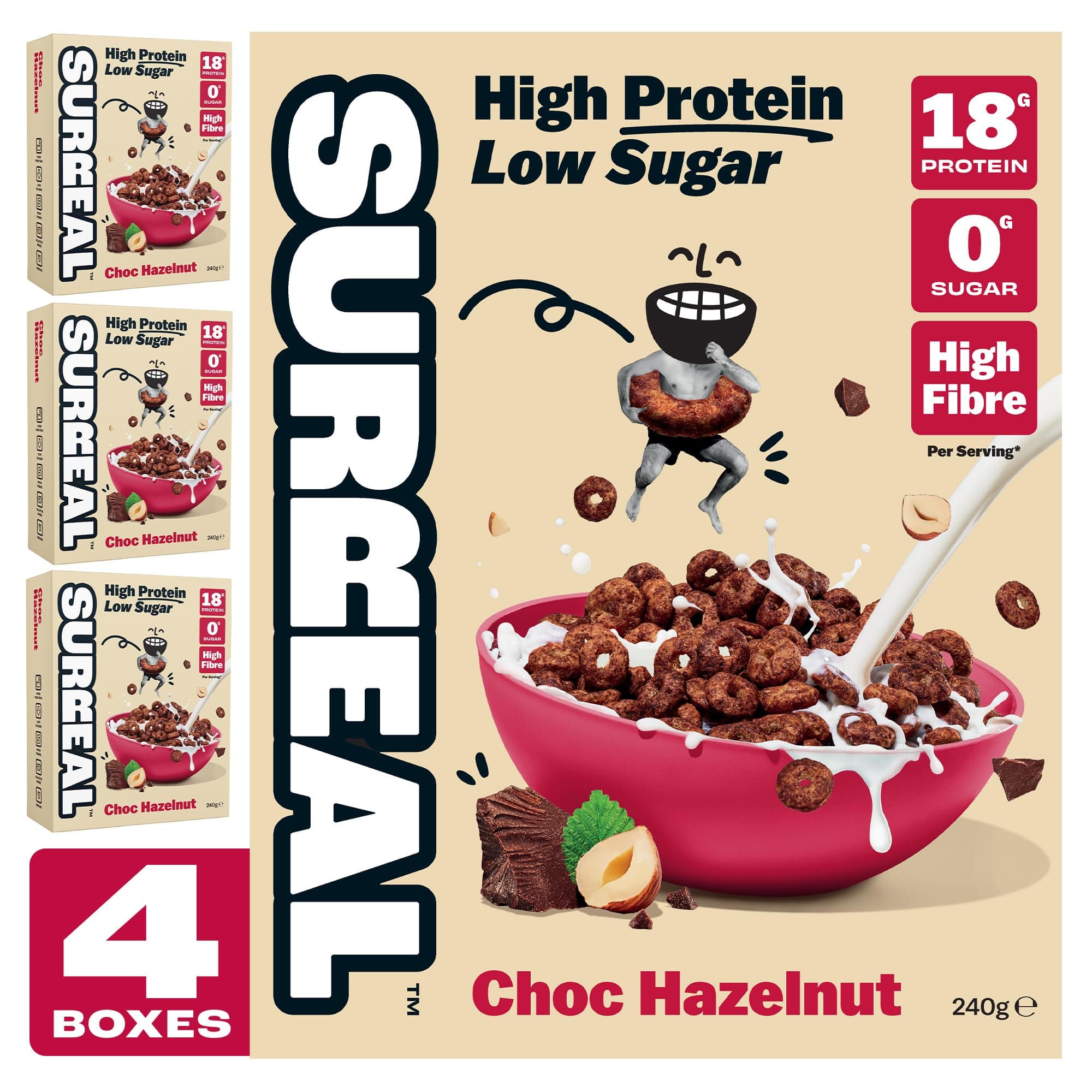 Surreal Choc Hazelnut - High Protein Cereal - Zero Sugar- Healthy Plant Based Cereal - High in Fibre - Low Carb - Gluten Free - Vegan - 18g of Protein, 0g of Sugar - 240g per Box - 4 Pack