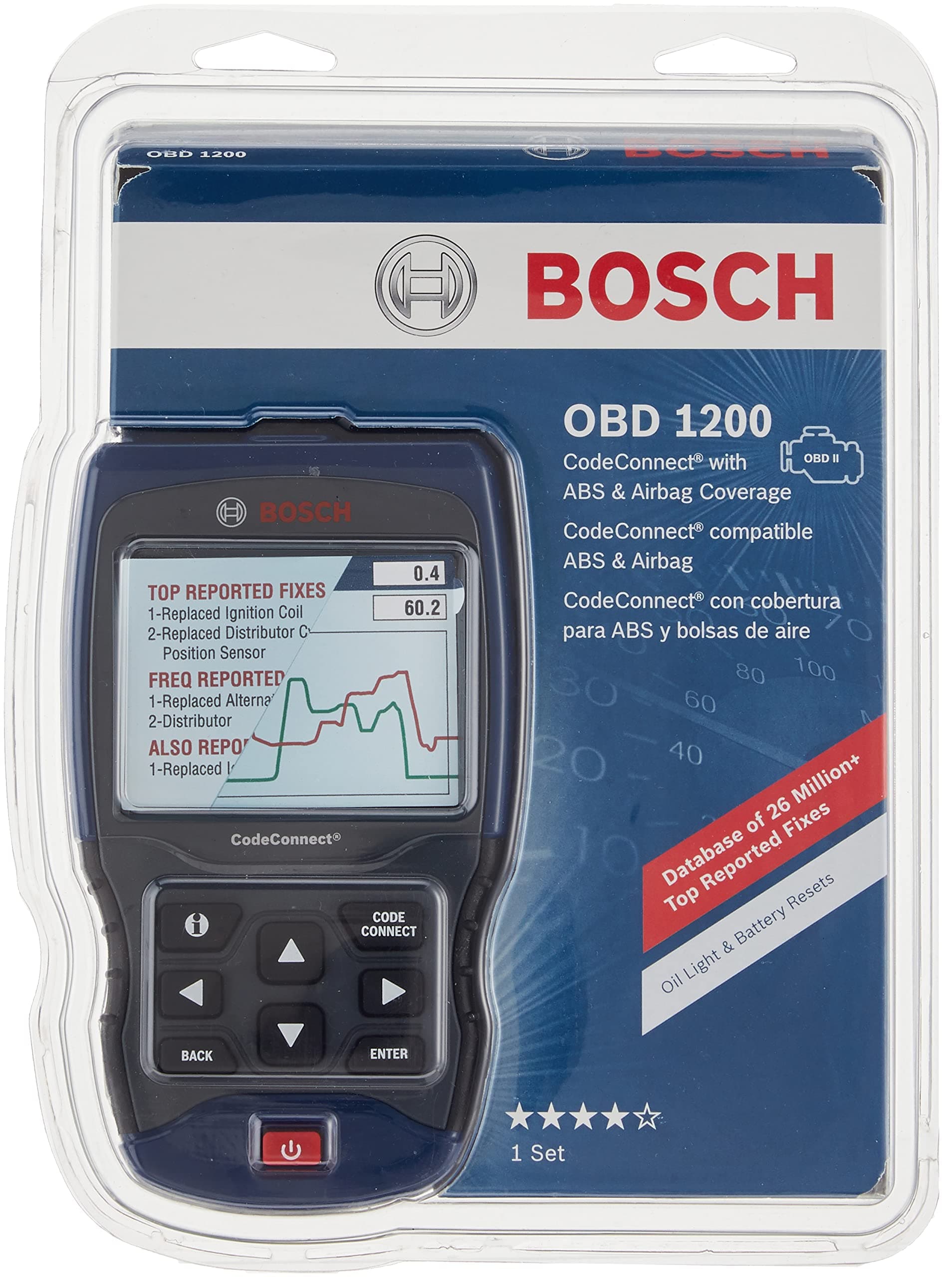 BOSCH OBD 1200 Scan Tool with CodeConnect, ABS & Airbag Coverage, Oil Light & Battery Reset