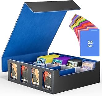 FlooyesCard Storage Box for Trading Cards with 4 Card Supporters, 3200+ MTG Deck Box with 24 Colorful Dividers, Commander Trading Card Storage Box with Viewing Windows for Magic Game Cards, Blue