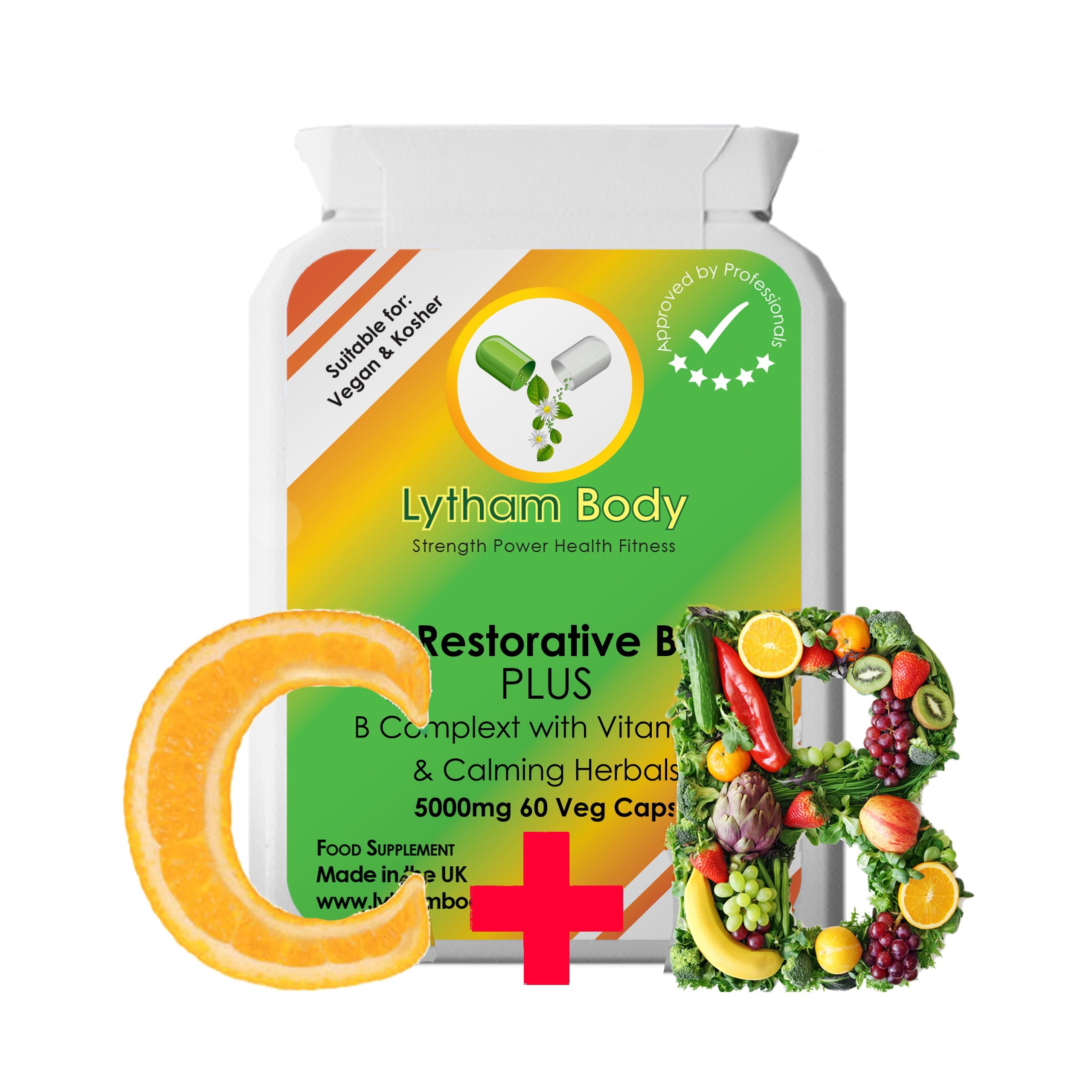 Vitamin B Complex 5000 mg High Strength capsules x 60 with Vitamin C Contains all Eight B Vitamins in one Vegan Capsule Vitamins B1, B2, B3, B5, B6, B12, Chamomile flowers extract, Griffonia seed extract(5-HTP). 100% Pure