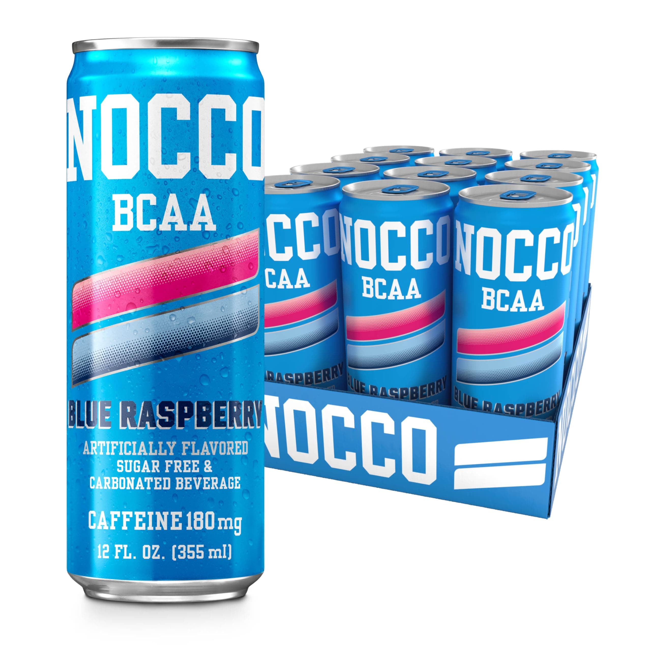 NOCCO Zero Sugar Energy Drink, Blue Raspberry - 12 Fl Oz (Pack of 12) - 180mg Caffeine, Sugar Free, BCAAs - Branched Chain Amino Acids, Carbonated & Low Cal, B Vitamins, Grab & Go Performance Beverage