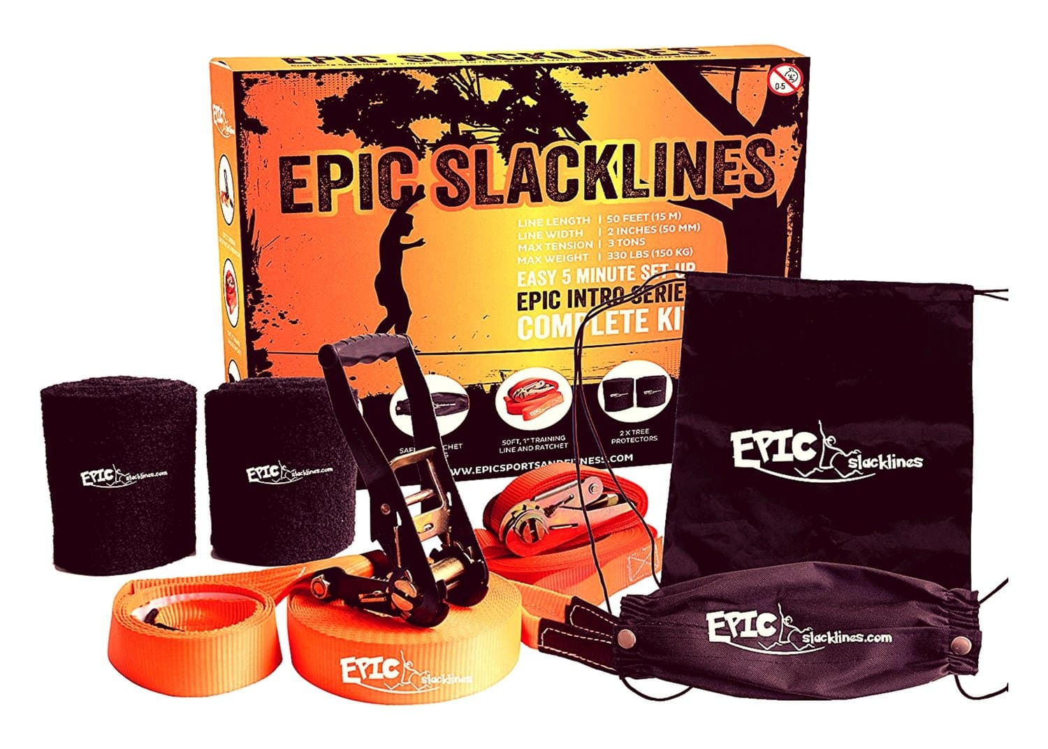 EPIC SLACKLINE Set | Complete Slackline Kit (Size 50 Ft X 2”): Training Line, Safety Ratchet & Tree Protectors, With Portable Carrying Case | Best for Indoor and Outdoor Fun | Easy & Fast 5-Min Setup