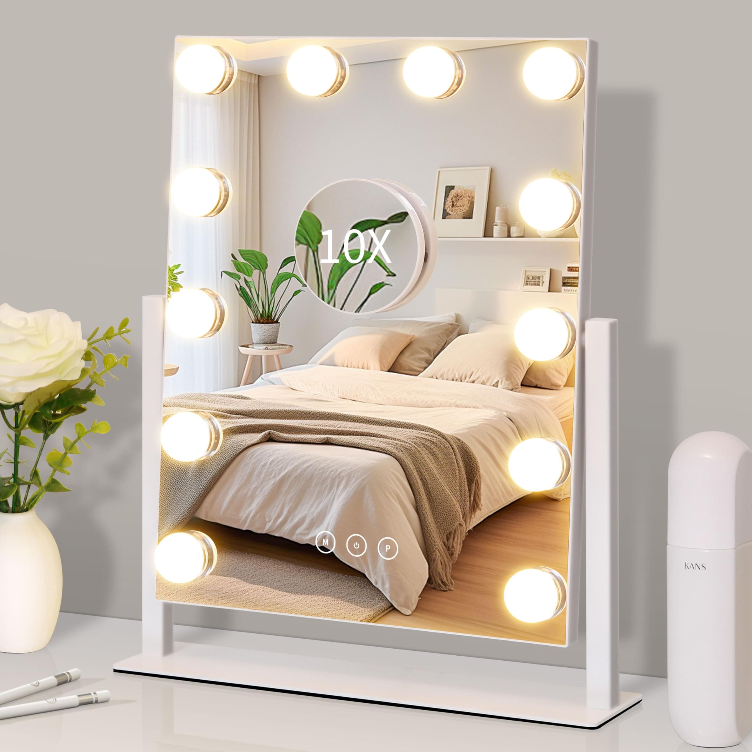Kotdning Vanity Mirror with Lights,Lighted Vanity Mirror with 12 Dimmable Bulbs for Dressing Room & Bedroom,3 Color Lighting,Modes Detachable 10x Magnification 360°Ratation (White) 14.6" L x 17" W