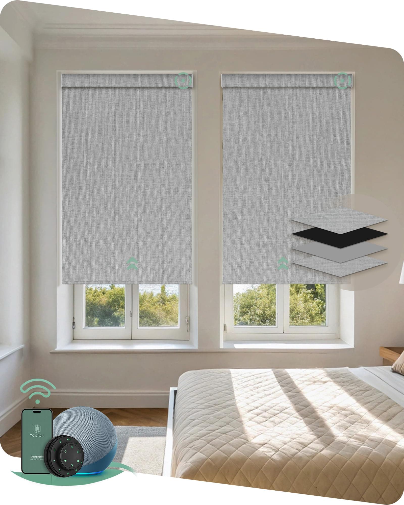 Yoolax Motorized Blinds with Remote, Blackout Smart Blinds Motorized Fabric Roller Shades Compatible with Alexa, Automatic Shades for Windows Custom Size (Light Grey)