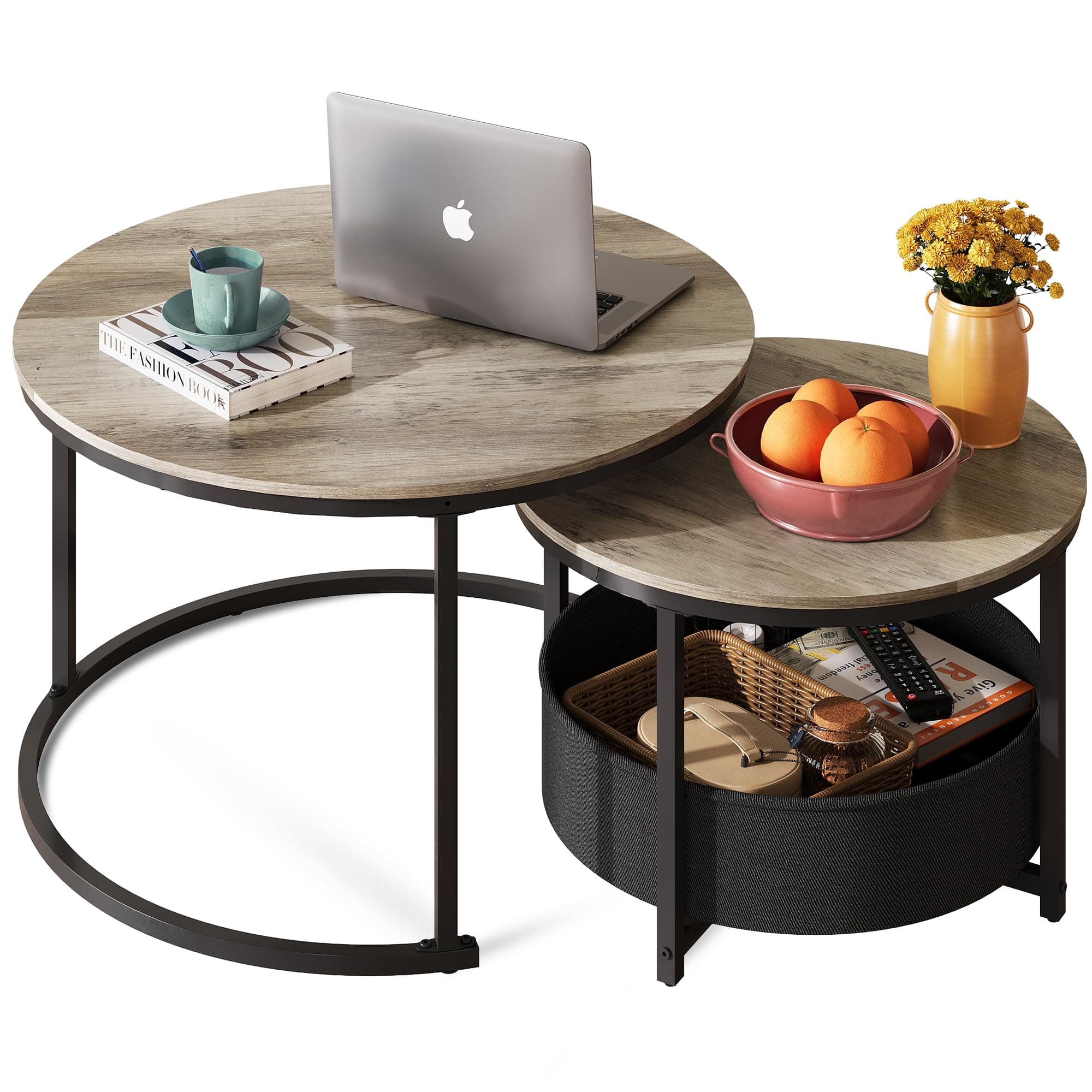 WLIVE Round Coffee Table Set of 2, 31.5" Nesting Coffee Table with Storage, Industrial Minimalist Center Table with Metal Frame, Easy Assembly for Living Room, Apartment, Grey