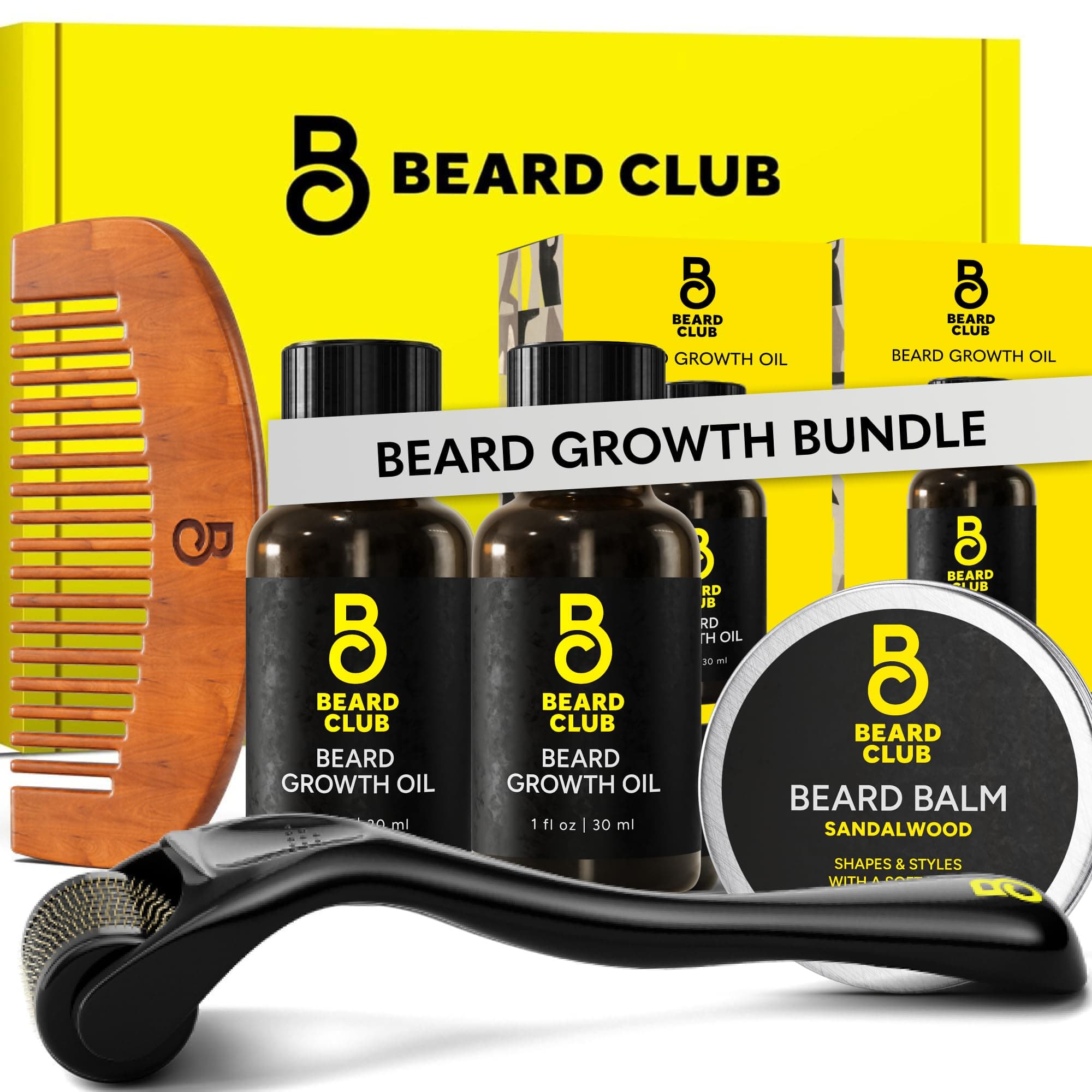 Enhanced Beard Growth Kit - Derma Roller, Beard Growth Oil (2PK), Sandalwood Beard Balm, Comb - Gift Set