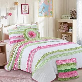 Cozy Line Home Fashionsn Chic Ruffles Pink Green Girl 100% Cotton Reversible All-Season Coverlet, Bedspread, Quilt Bedding Set (Charlotte, Queen)