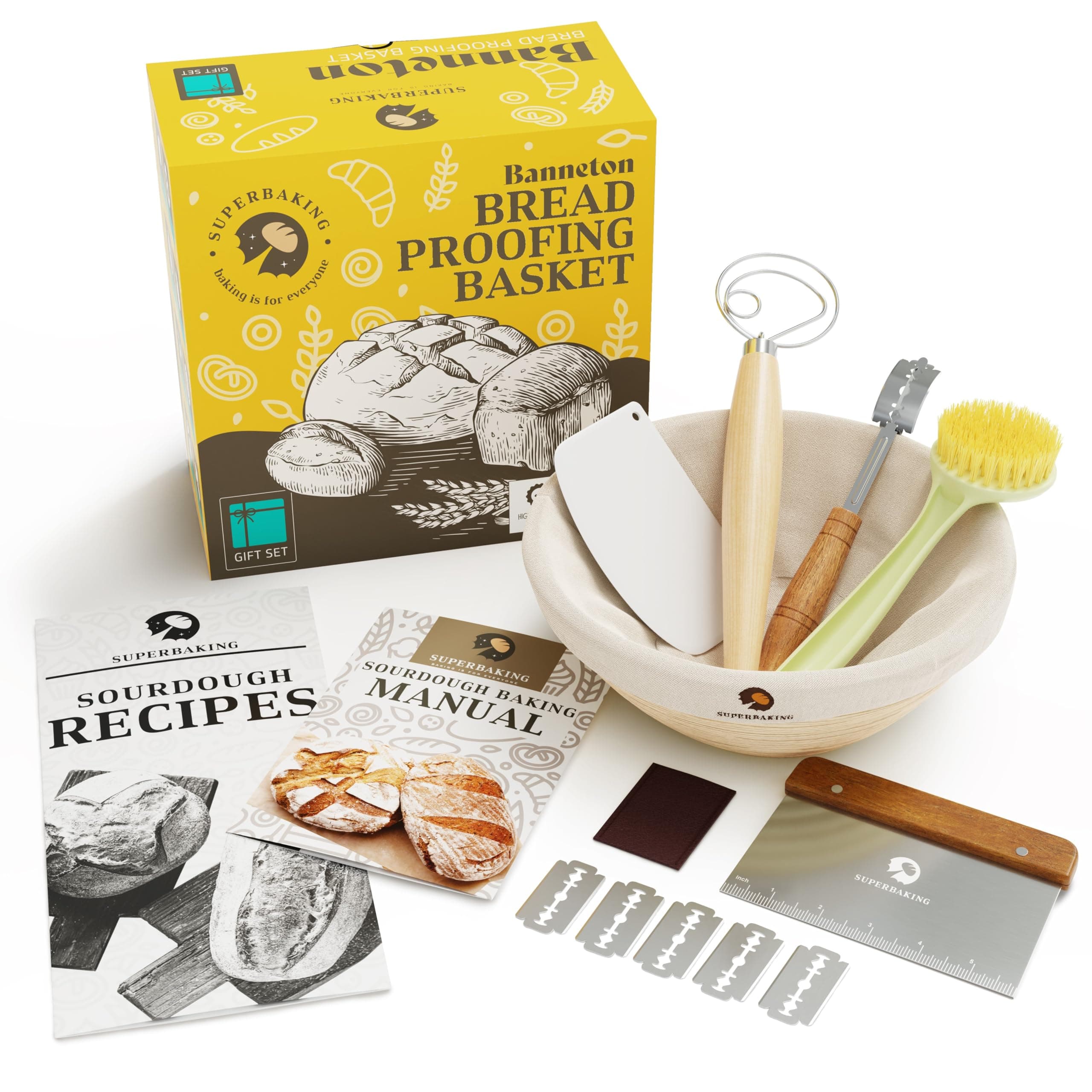 Superbaking 9' Round Banneton Bread Proofing Basket Gift Set– Sourdough Starter Kit for Crusty Artisan Style Loaves, Includes Essential Bread Baking Supplies & Tools - Ideal Gift for Bakers