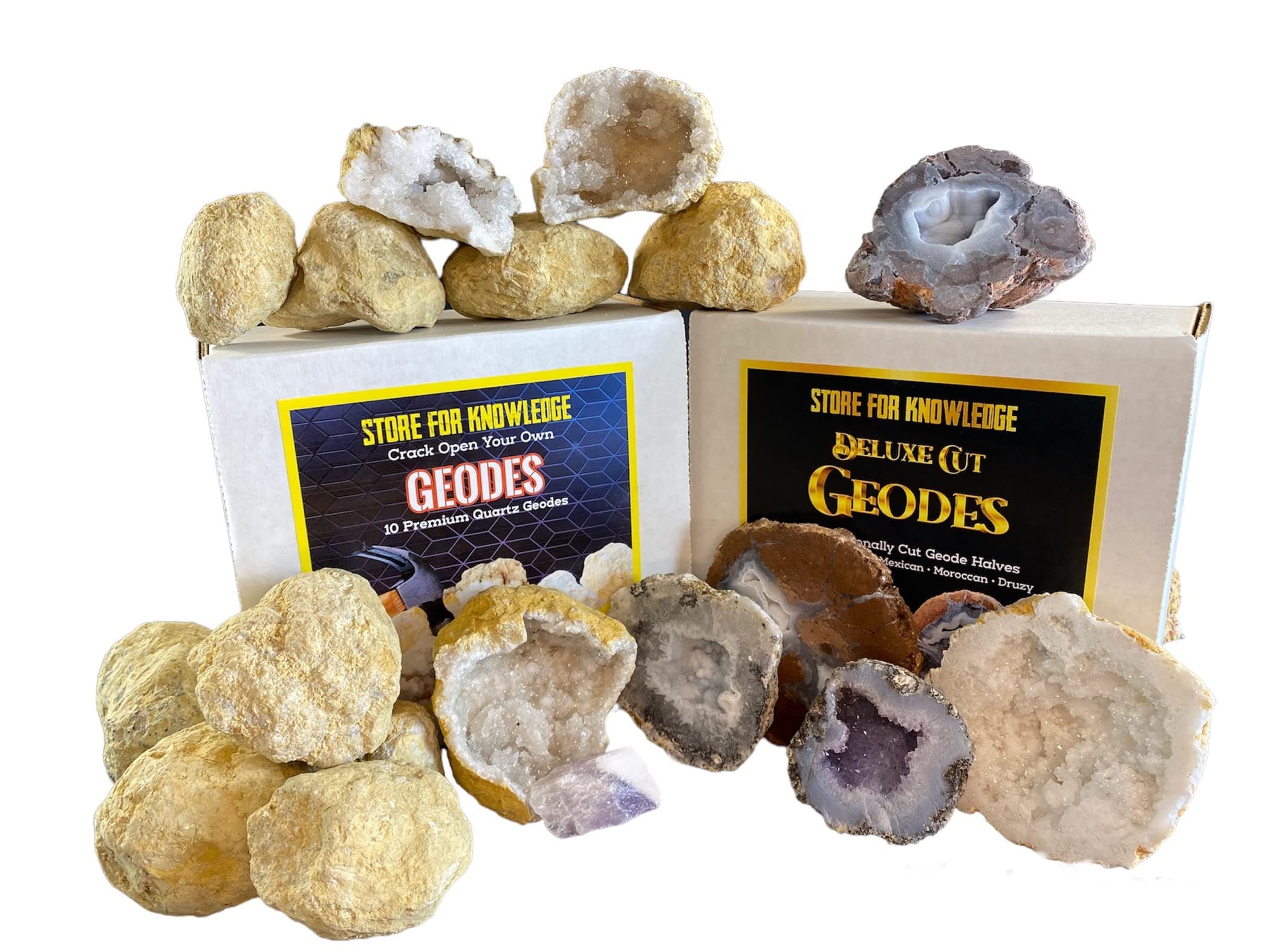 Deluxe Gift Pack - 10 Break Your Own Quartz Geodes Plus 5 Cut Halves - Mexican Florescent, Trancas, Moroccan Quartz, Druzy Mist, & Choyas