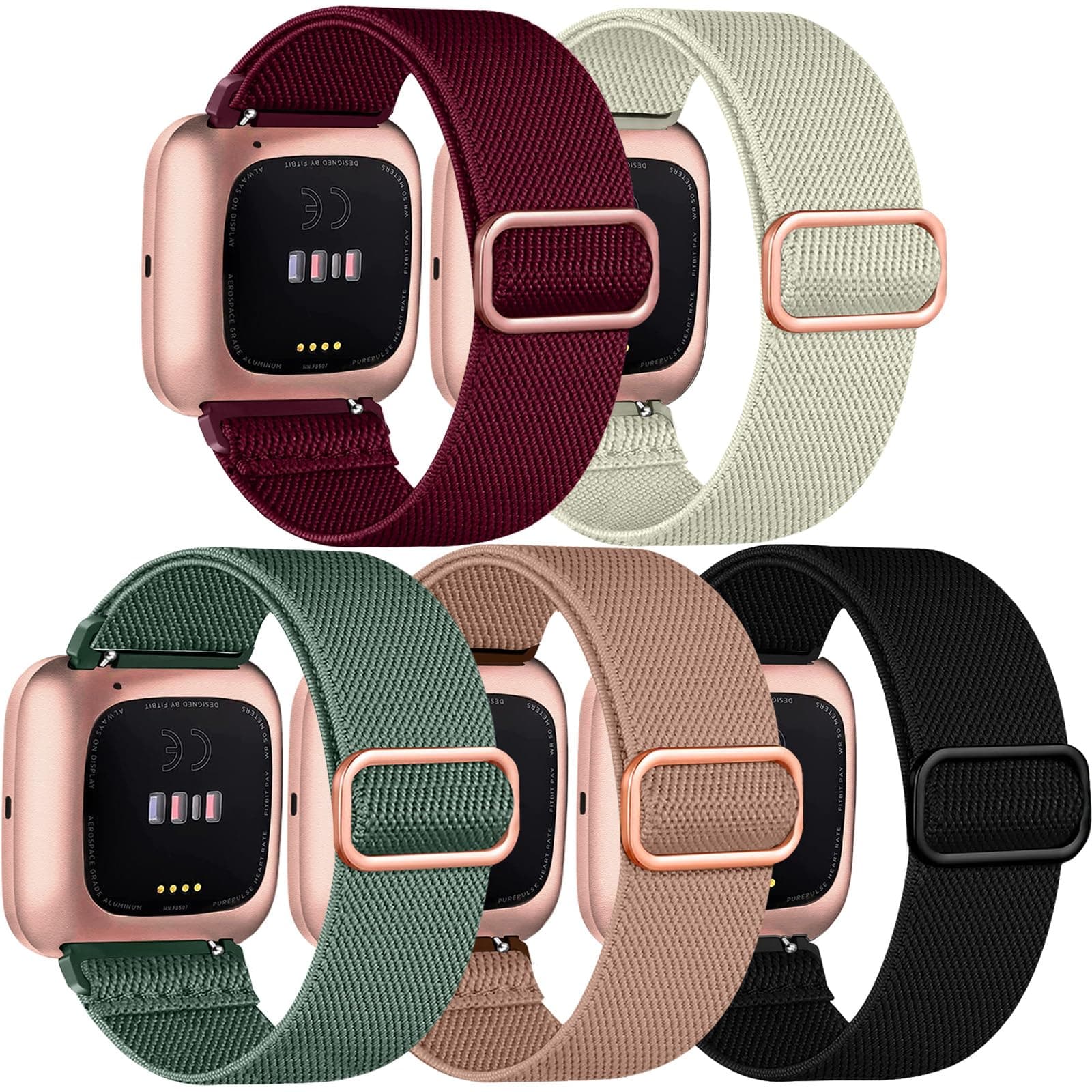 5 Pack Bands Compatible with Fitbit Versa 2 Bands for women/Versa Lite/SE, Soft Adjustable Nylon Braided Sport Solo Loop Smartwatch Band for Fitbit Versa2/Lite/SE Women Men