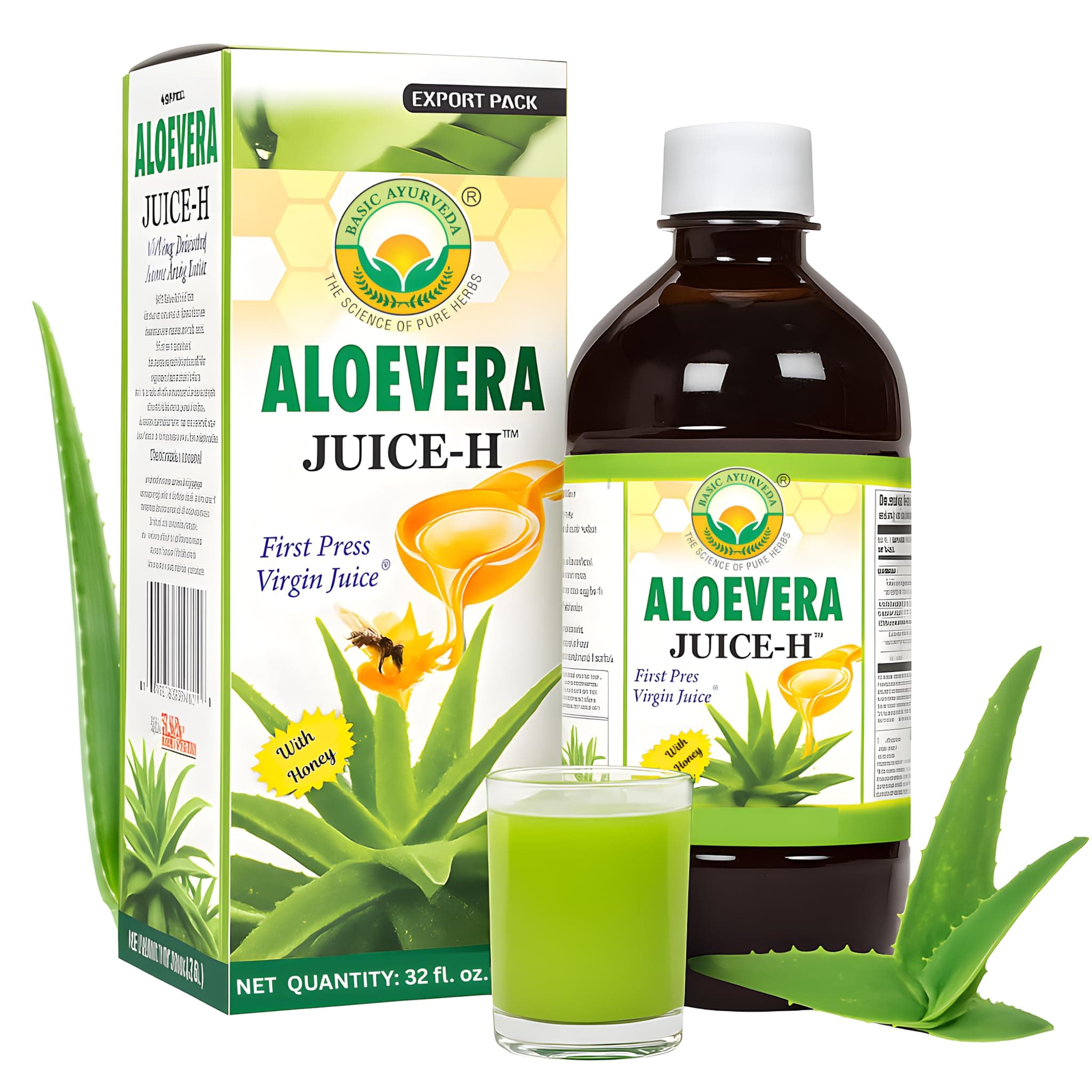 BASIC AYURVEDA Aloe Vera Juice with Honey, 32.46 Fl Oz (960ml) | Cold Pressed Juice | No Added Sugar