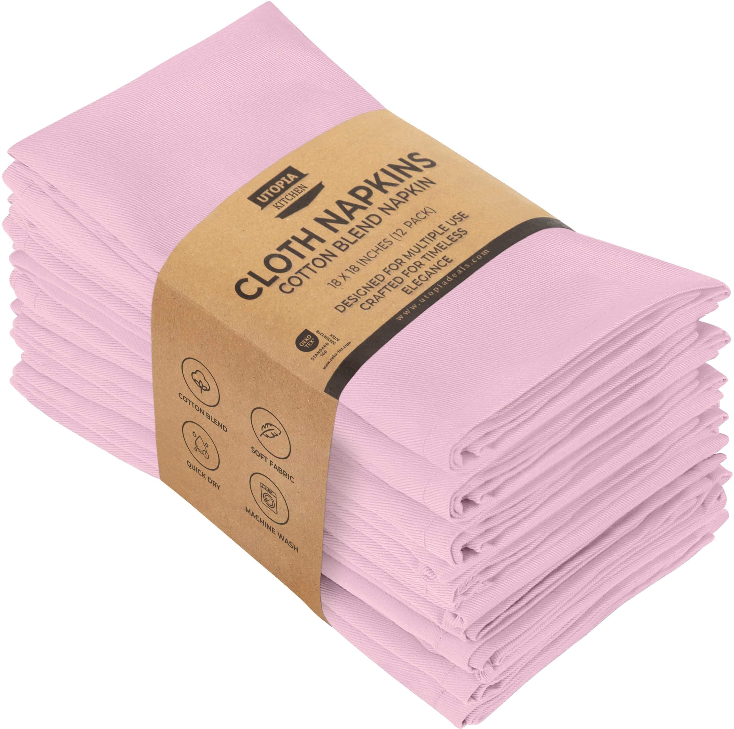 Utopia Kitchen Cloth Napkins [12 Pack] Cotton Blend Washable and Reusable Table Dinner Napkins for Hotel, Lunch, Restaurant, Weddings, Event and Parties (46 x 46 cm, Baby Pink)