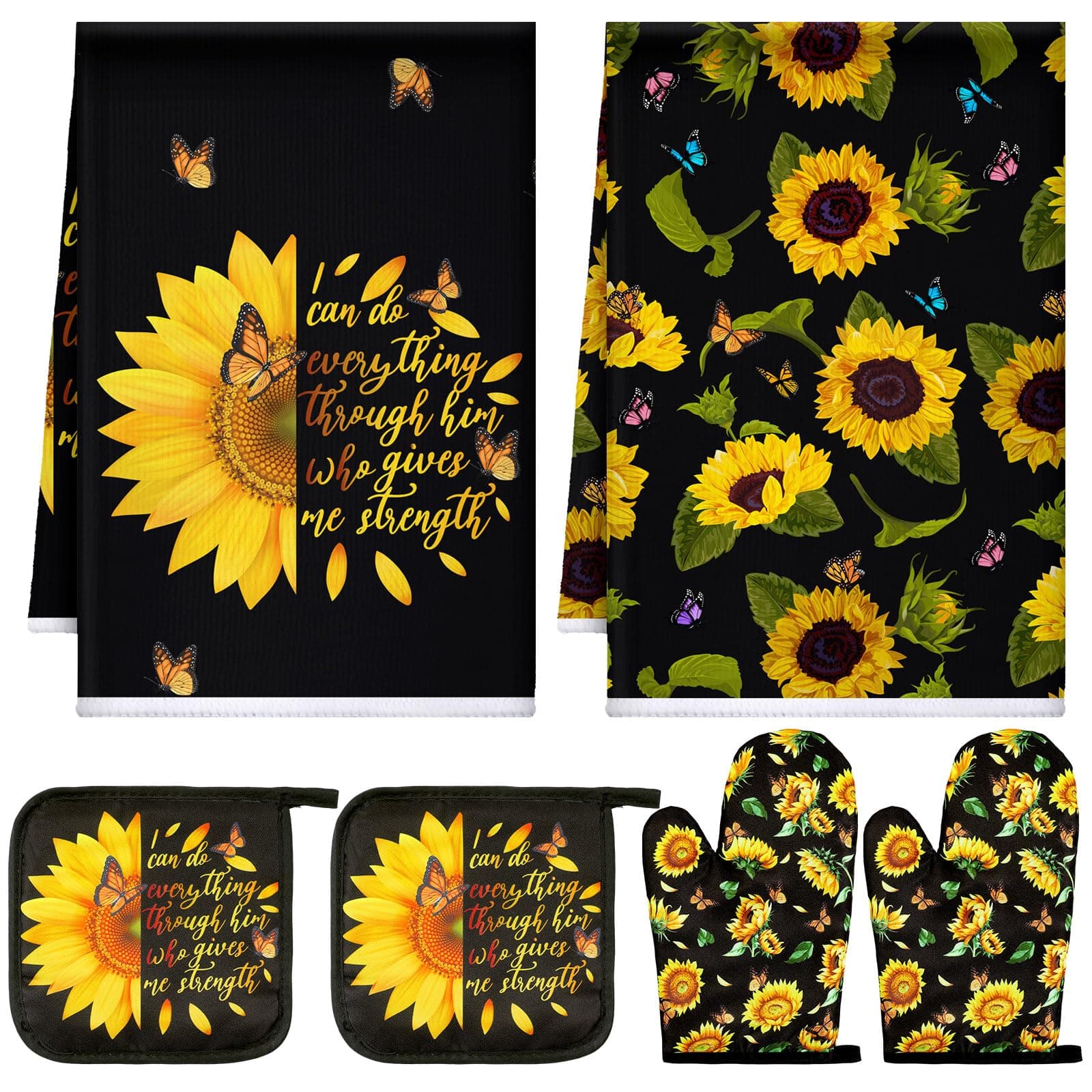 Bencailor 6 Pcs Spring Kitchen Decor Sunflower Pot Holders and Oven Mitts Sets Yellow Kitchen Towel 2 Farmhouse Cooking Mittens for Cooking Grilling Supply Accessories(Black,Sunflower)