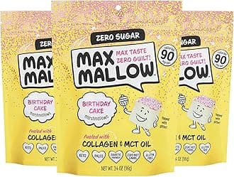 Max Mallow Sugar Free Marshmallows - Keto Friendly, Perfect for S'mores, Hot Chocolate, and Baking with Zero Sugar Snacks, Smores Mct Oil Zero Sugar Marshmellow Marshmallow Birthday Cake, 3 Pack