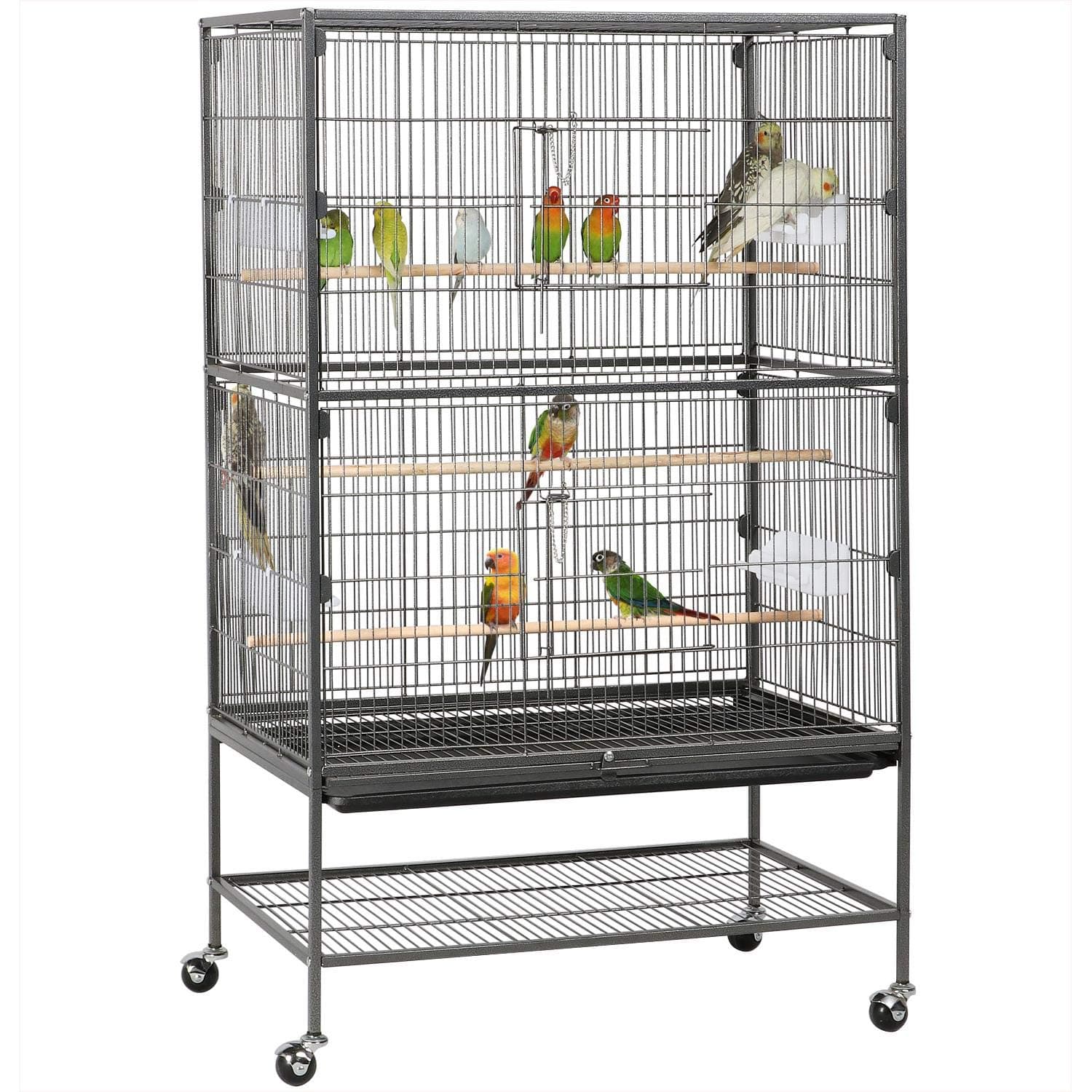 52'' Bird cage w/Perches & Feeders, Large Birdcage with Pull-Out Tray, Rolling Wheels, Extra Storage, Flight Cage for Cockatiel, Parrot, Parakeet, Conure, Budgie, Pigeon Small/Medium Birds