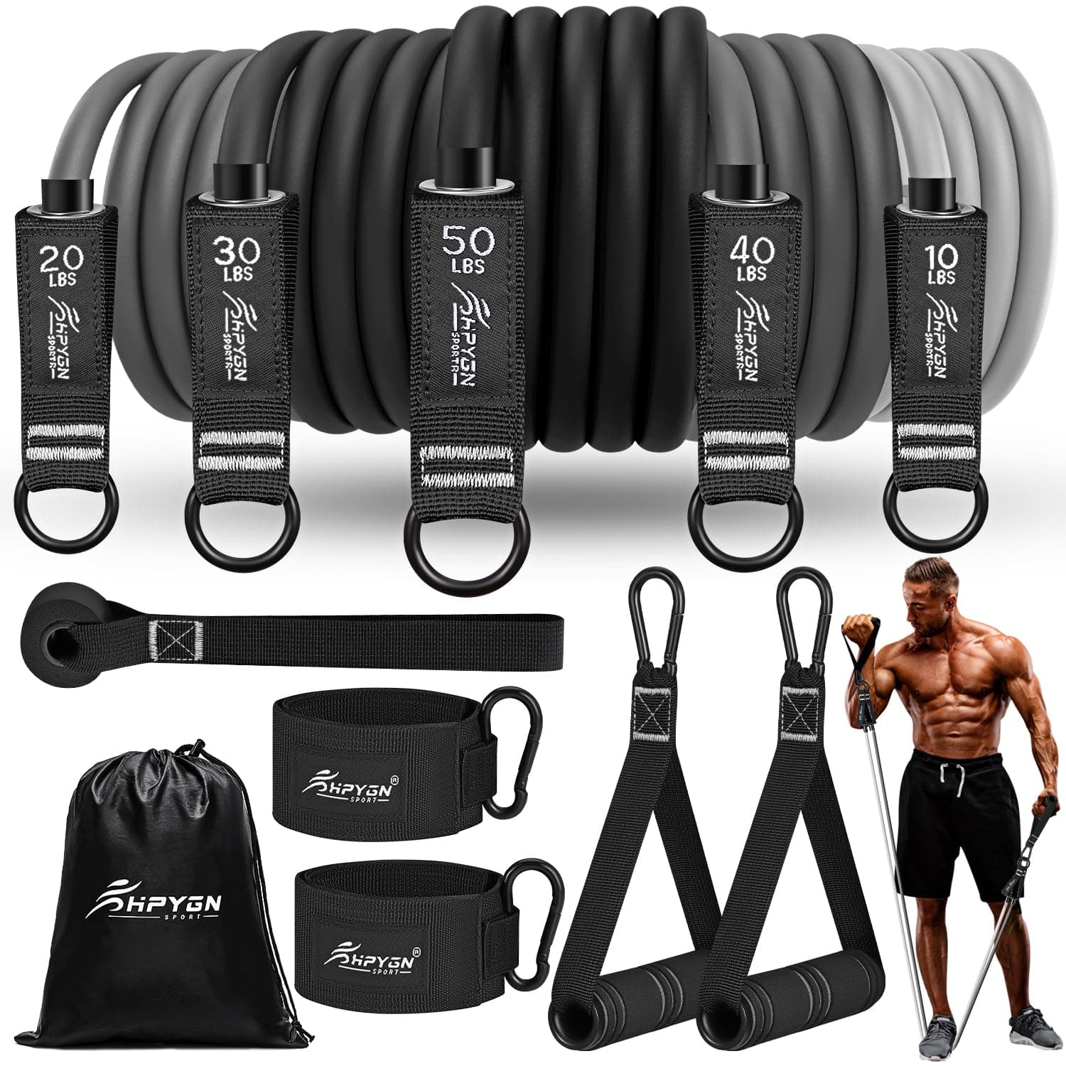 HPYGN Resistance Bands, Exercise Bands for Working Out, Workout Bands Men, Fitness Band with Handle, Door Anchor, Home Gym Equipment for Musle Training, Physical Therapy, Strength Training, Shape Body