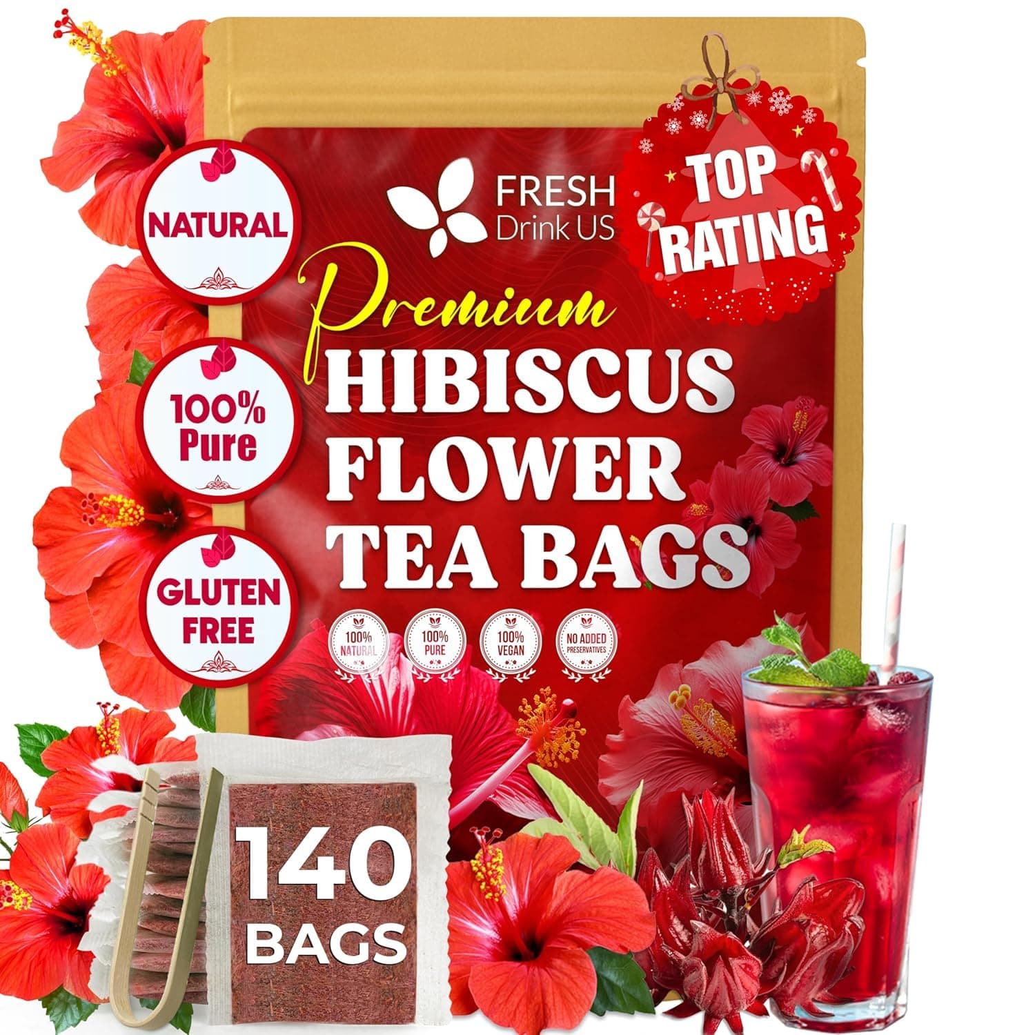 FRESHDRINKUS 140 Hibiscus Flowers Tea Bags, 100% Natural, Pure from Hibiscus Flowers. Loose Flower Hibiscus Herbal Tea. Hibiscus Flower Tea. No Sugar, No Caffeine, No Gluten, Vegan.