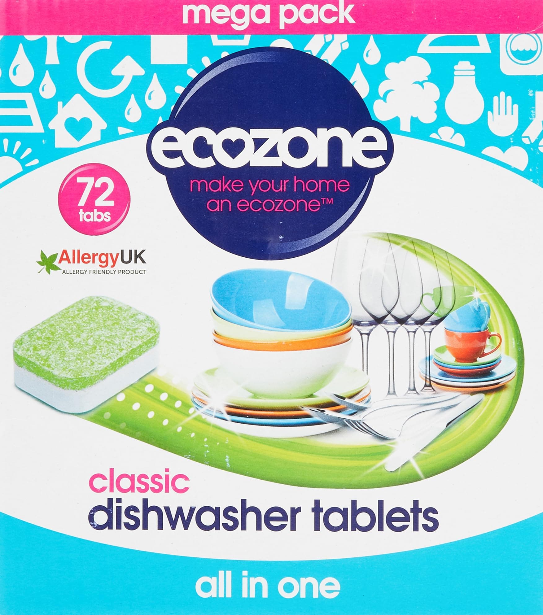 EcoZone Classic All-In-One Dishwasher Tablets, Effective Cleaning Formula Cuts Through Grease & Grime, Natural Vegan & Non Toxic Tabs, Plant Based Plastic-Free, Leaves No Residue (Box of 72 Capsules)