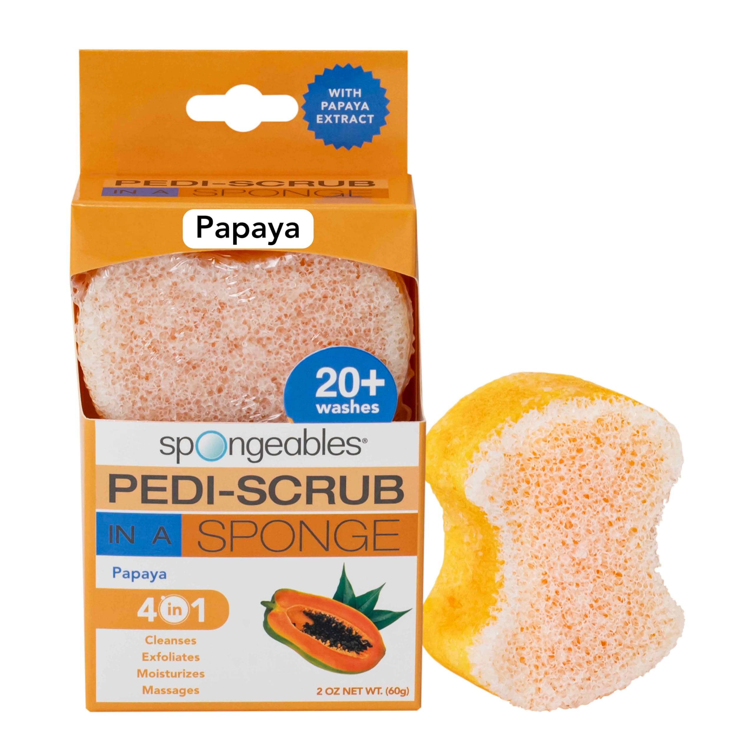 Spongeables Pedi-Scrub Foot Buffer, The Soap is in The Sponge, Contains Tea Tree Oil, Foot Exfoliating Sponge with Heel Buffer and Pedicure Oil, 20+ Washes, Papaya Scent, 2oz Sponge, 1 Count