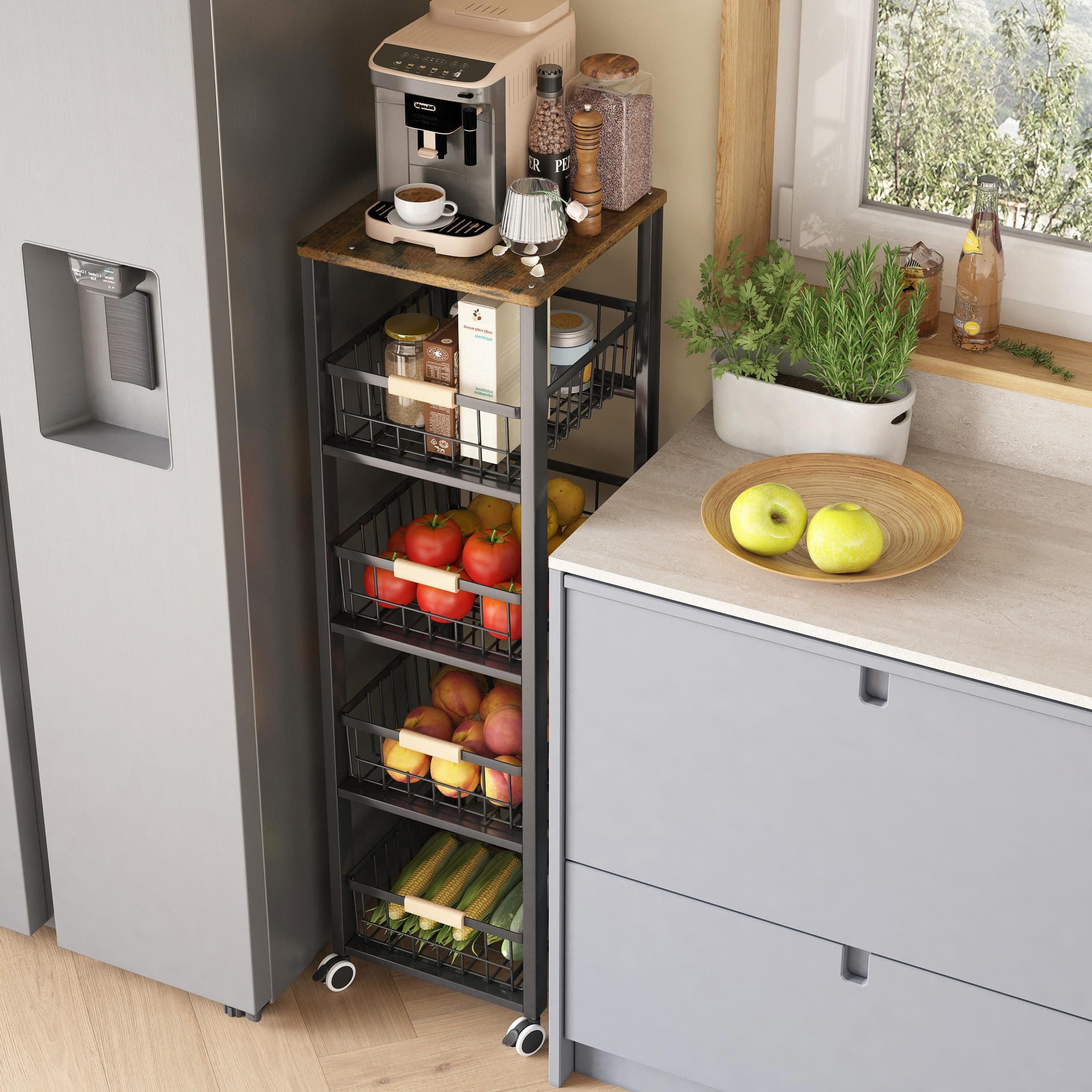 5-Tier Kitchen Storage Trolley, Pull-Out Fruit Basket Stand, Vegetable Storage Rack On Wheelsy, Kitchen tall trolley with Wheels, Chefs Trolle(40cm*30cm*107cm -black)