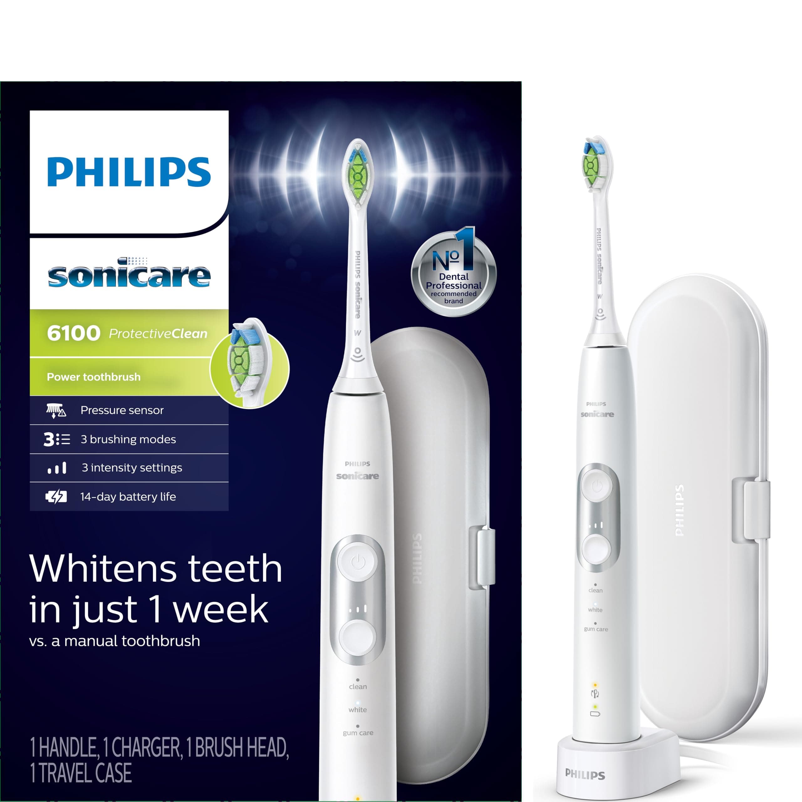 Philips Sonicare ProtectiveClean 6100 Rechargeable Electric Toothbrush, with Pressure Sensor, 3 Cleaning Modes, SmarTimer and QuadPacer, 14-Day Battery Life, Travel Case, White, Model HX6877/21