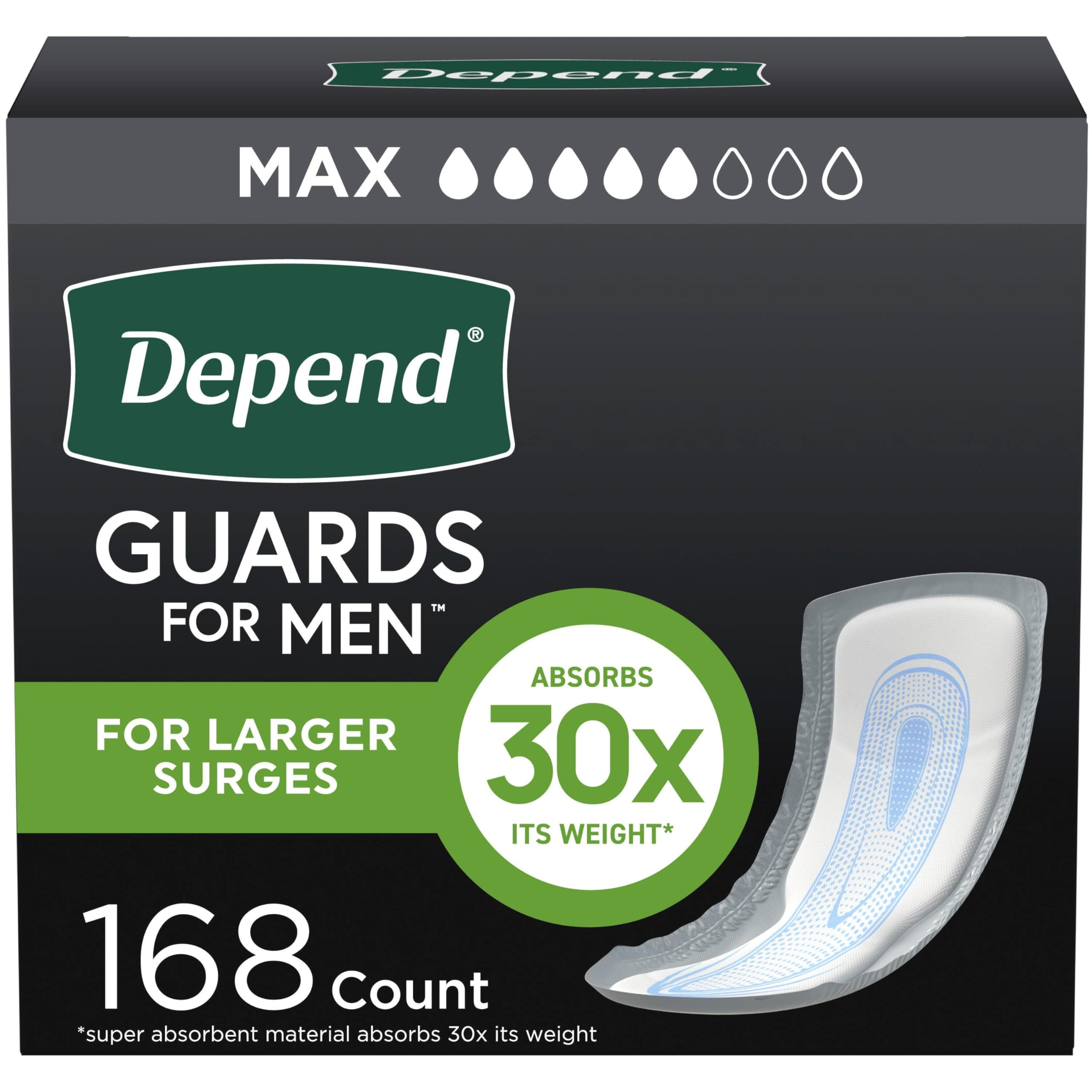 Depend Guards Incontinence Pads for Men, Maximum Absorbency, 168 Count (2 Packs of 84), Packaging May Vary