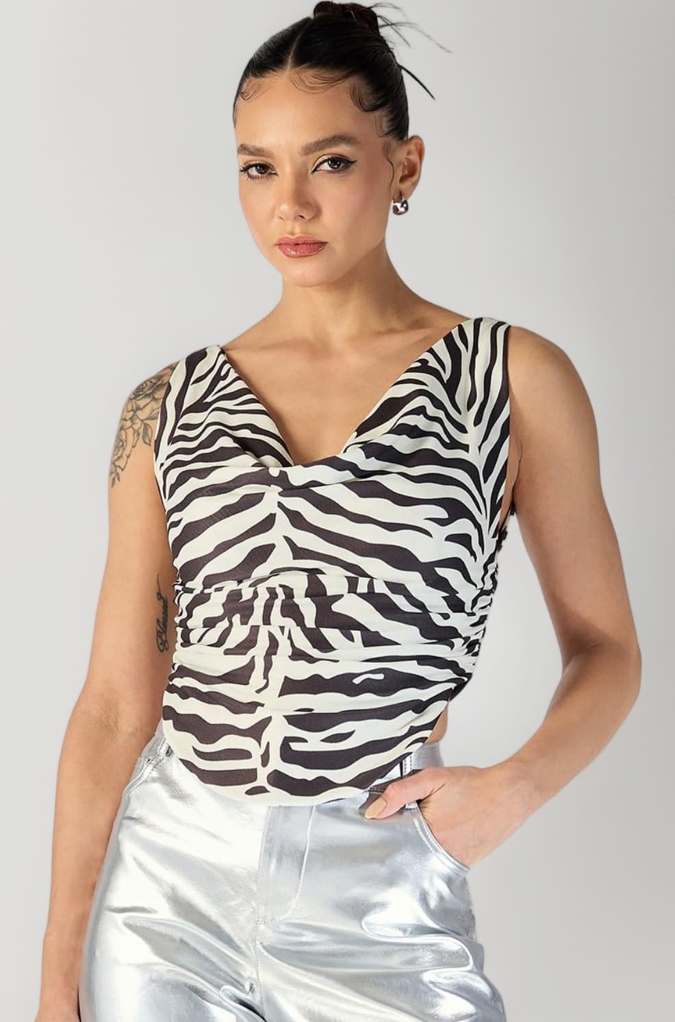 Uptownie Women Top | Stretchable Cowl Neck Ruched Design | Sleeveless & Knitted Fabric for Casual Soft & Comfortable