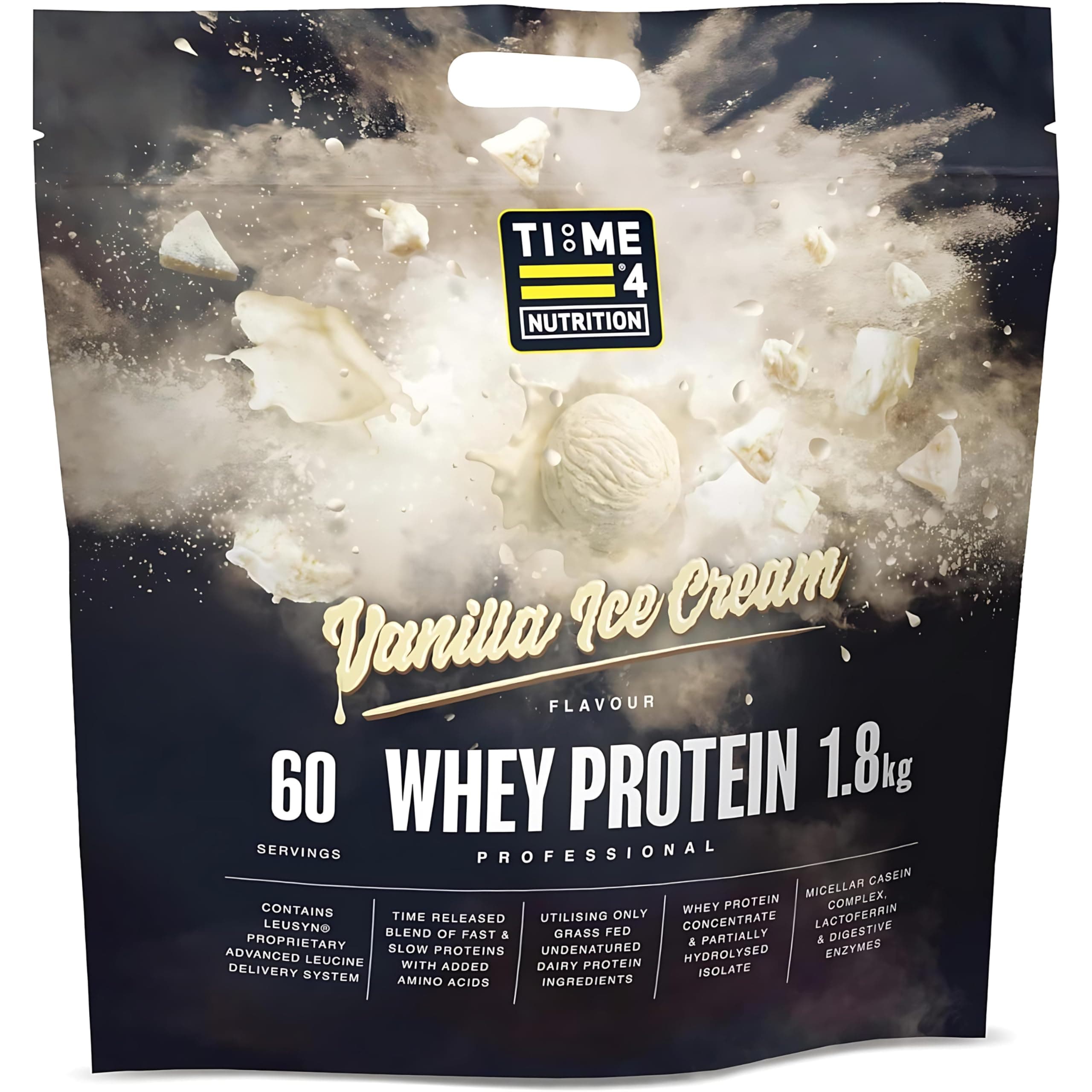 Time 4 Nutrition Whey Protein Professional Time Release Grass Fed Native Whey Protein Concentrate, Partially Hydrolysed Isolate & Micellar Casein (Vanilla Ice Cream, 1.8kg Bag)