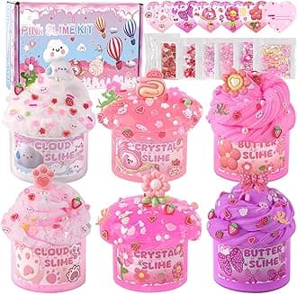 6 Packs Gradient Pink Slime Kit - Cloud, Clear & Butter Slime Making Kit for Kids, Soft & Non Sticky Fluffy Slimes Kits for Girls & Boys with Cute Charms & Add-ins, 360ml Slimes Party Favors