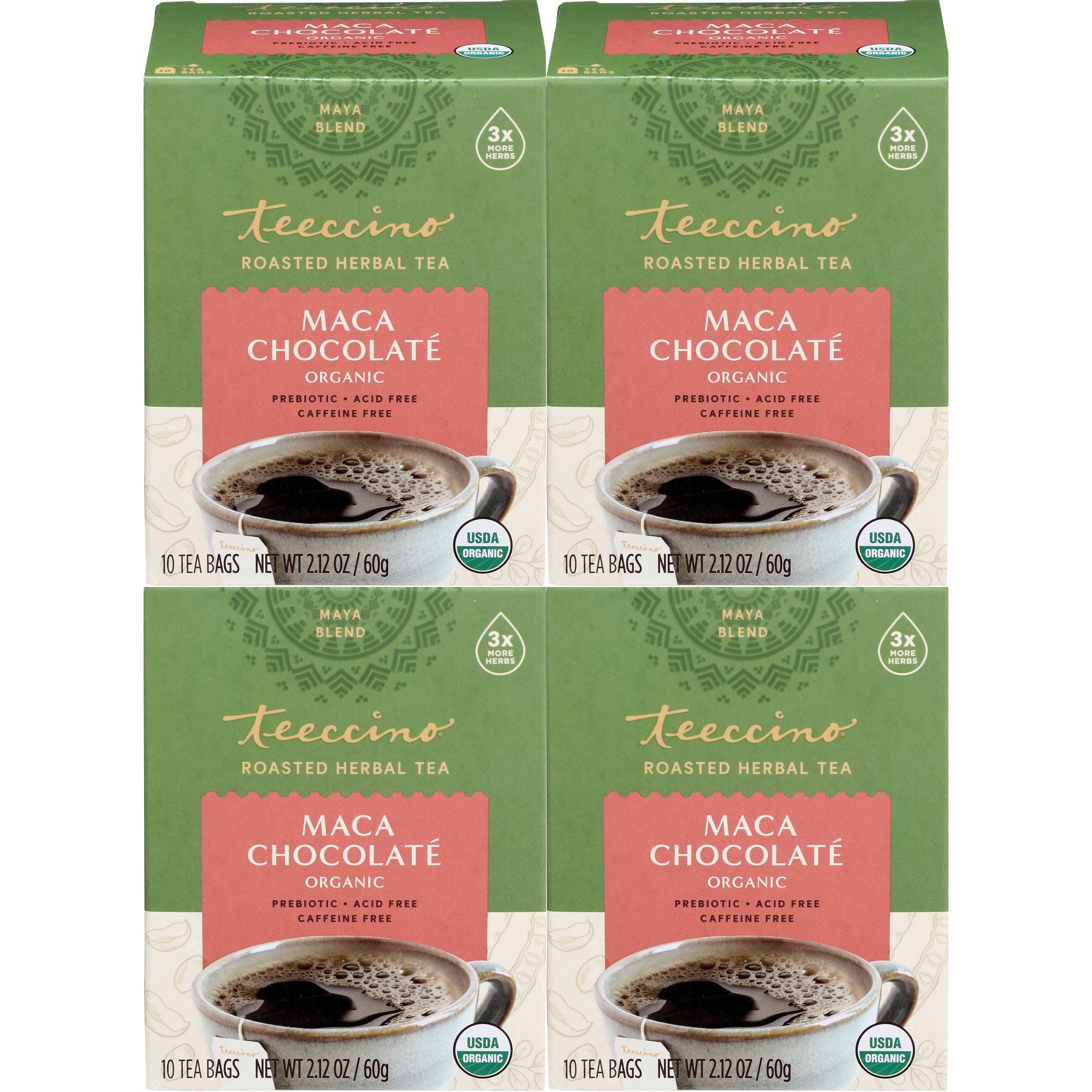 Teeccino Herbal Tea – Maca Chocolaté – Adaptogenic Peruvian Maca, Cacao, Chicory, Prebiotic, Caffeine Free, Acid Free, Coffee Alternative (10 Count (Pack of 4))