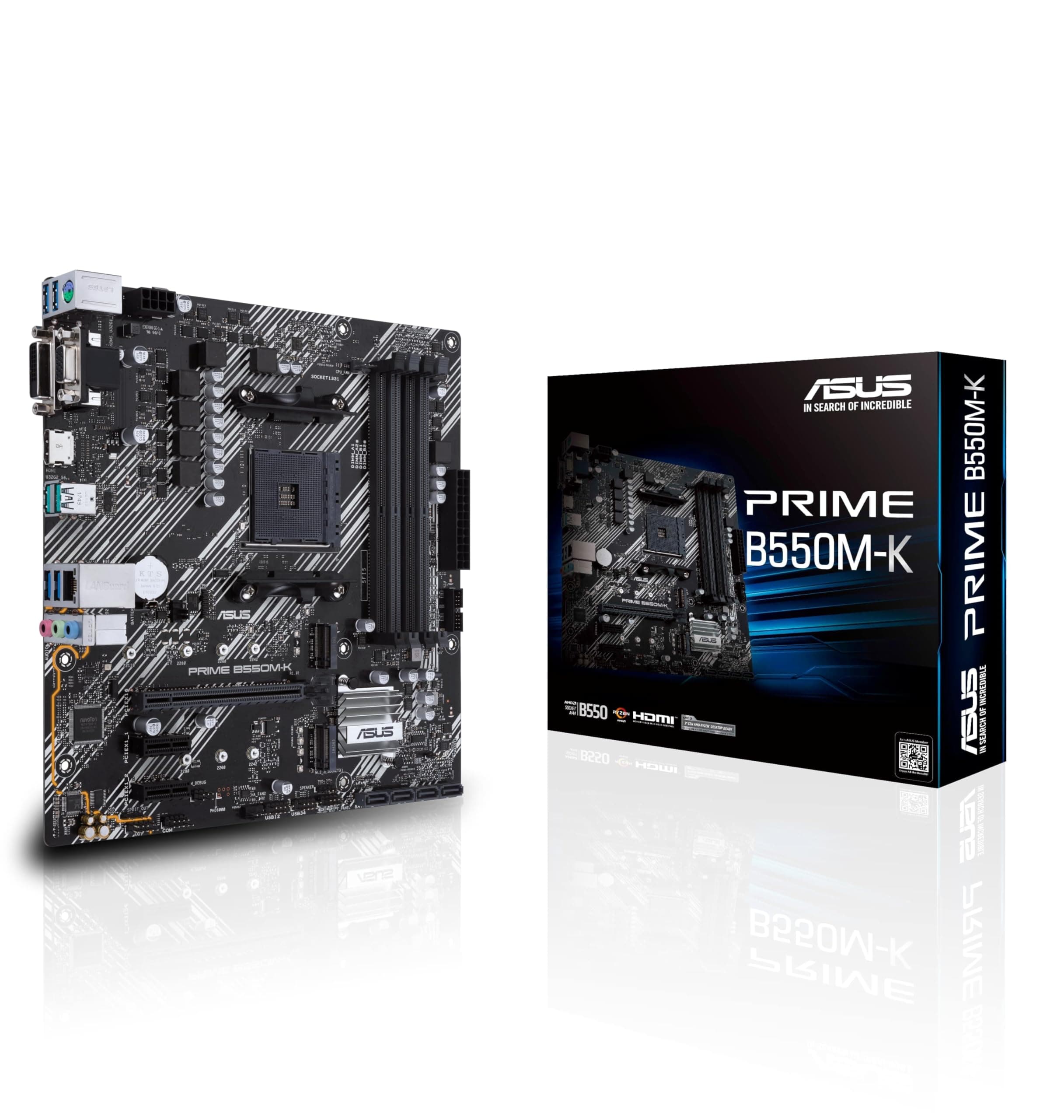 Asus PRIME B550M-K, AMD B550 Micro ATX motherboard with dual M.2, PCIe 4.0, 1 Gb Ethernet, HDMI/D-Sub/DVI, SATA 6 Gbps, USB 3.2 Gen 2 Type-A - 90MB14V0-M0EAY0