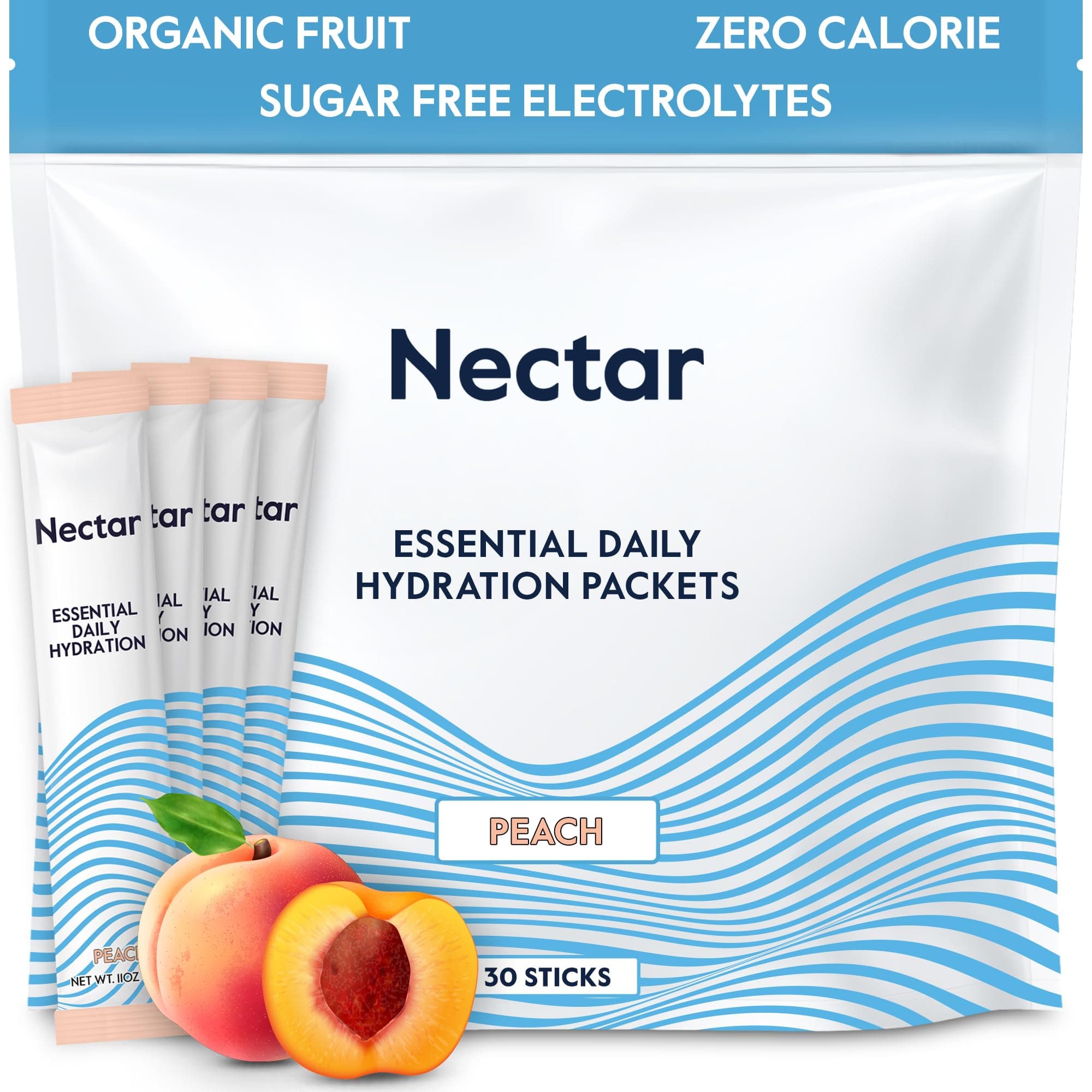 NectarHydration Packets - Electrolytes Powder Packets - Sugar Free & 0 Calorie - Organic Fruit Liquid Daily IV Hydrate Packets for Dehydration Relief & Rapid Rehydration (Peach 30 Pack)