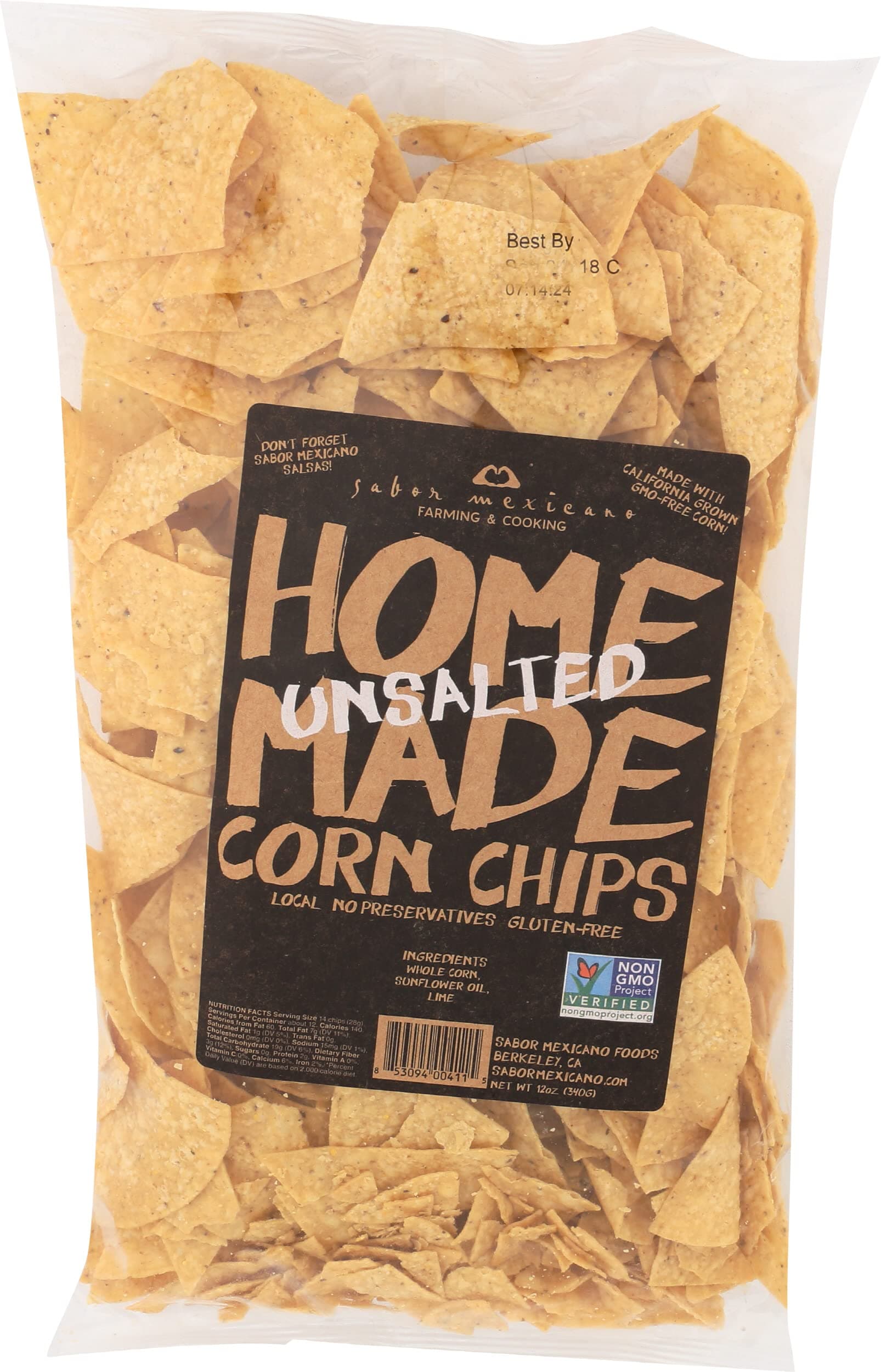 SABOR MEXICANO HOMEMADE CORN CHIPS UNSALTED, 12 OZ