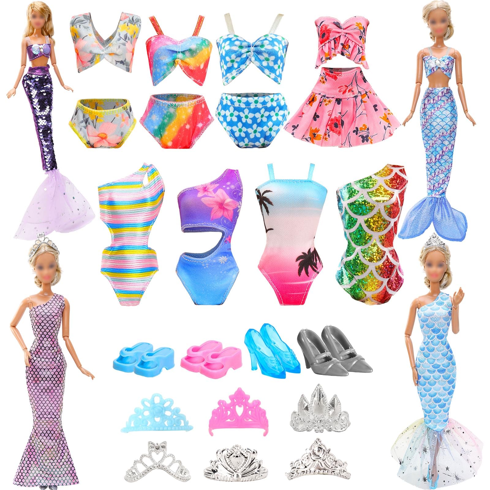 18 Pcs Mermaid Theme Doll Clothes & Accessories Include 2 Fishtail Evening Dresses 2 Mermaid Swimsuits 4 Colorful Doll Swimwears with 4 Shoes 6 Crowns for 11.5 Inch Dolls Summer Mermaid Set