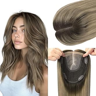 Hair Toppers for Women Real Human Hair, 6x7 inch Larger Silk Base 150 Density 65 grams 14inch Clip In Topper Hair pieces Dark Brown to Dirty Blonde Wiglet Top Pieces Add Volume（#2618 14inch）