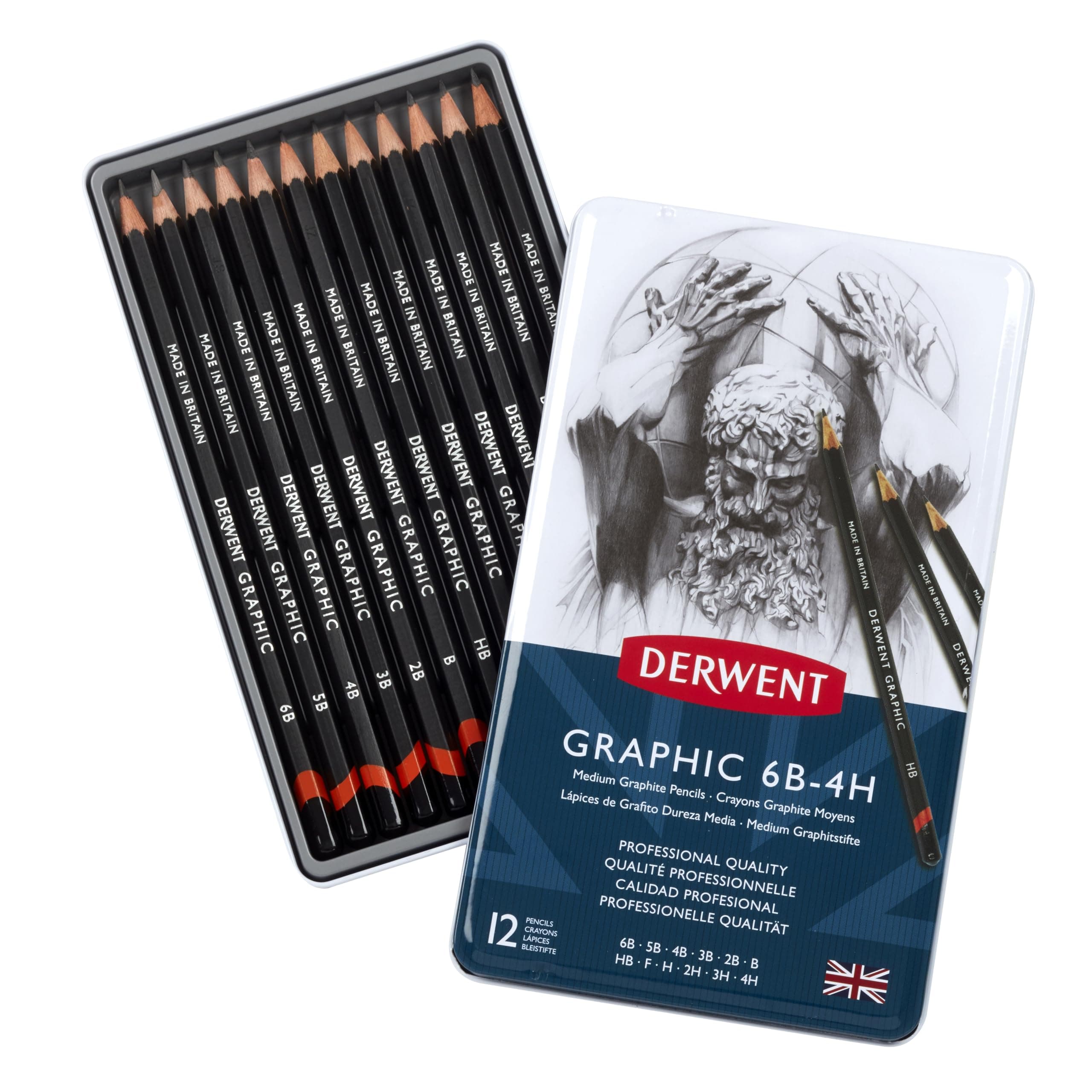Derwent Graphic Medium Graphite Drawing Pencils, Drawing & Writing, Ideal For Sketching, Professional Quality - 34214 (Set of 12, 6B-4H)