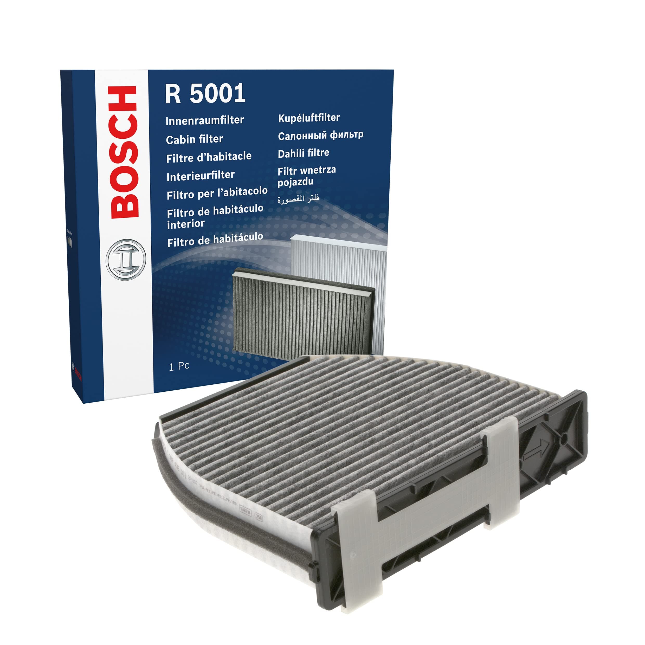 Bosch R5001 Activated Carbon Cabin Filter, Replacement Filter - Against Unpleasant Smells, Pollen and Dust for Cleaner Air Inside the Vehicle