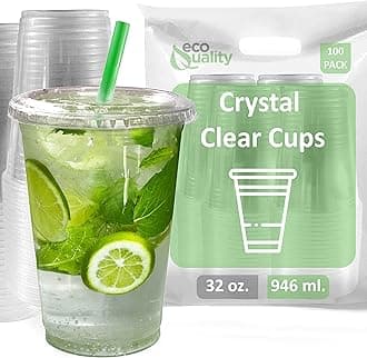 Clear Plastic Disposable Cups with Lids and Smoothie Straws 100 count - 32 oz (ounces) Clear PET Cup for Smoothies, Protein Shakes, Bubble Tea, Iced Coffee, Boba, Fresh Juice, Meal Prep, Party Cup