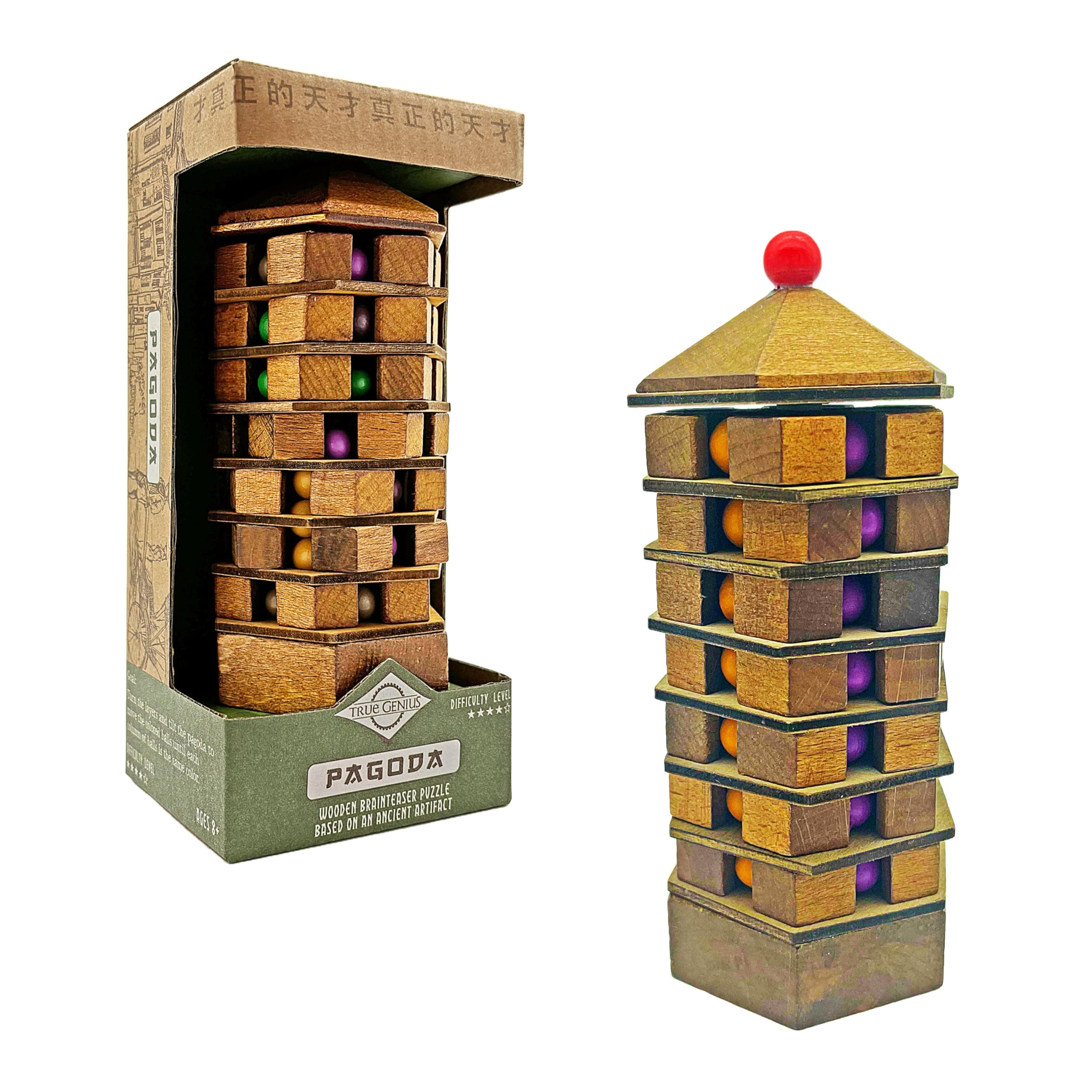 Chinese Pagoda Brain Teaser – Solid Wood Logic Puzzle with Colour Ball Sorting – Challenging Brain Game for Adults & Teens – Educational Puzzle Gift Inspired by Ancient China