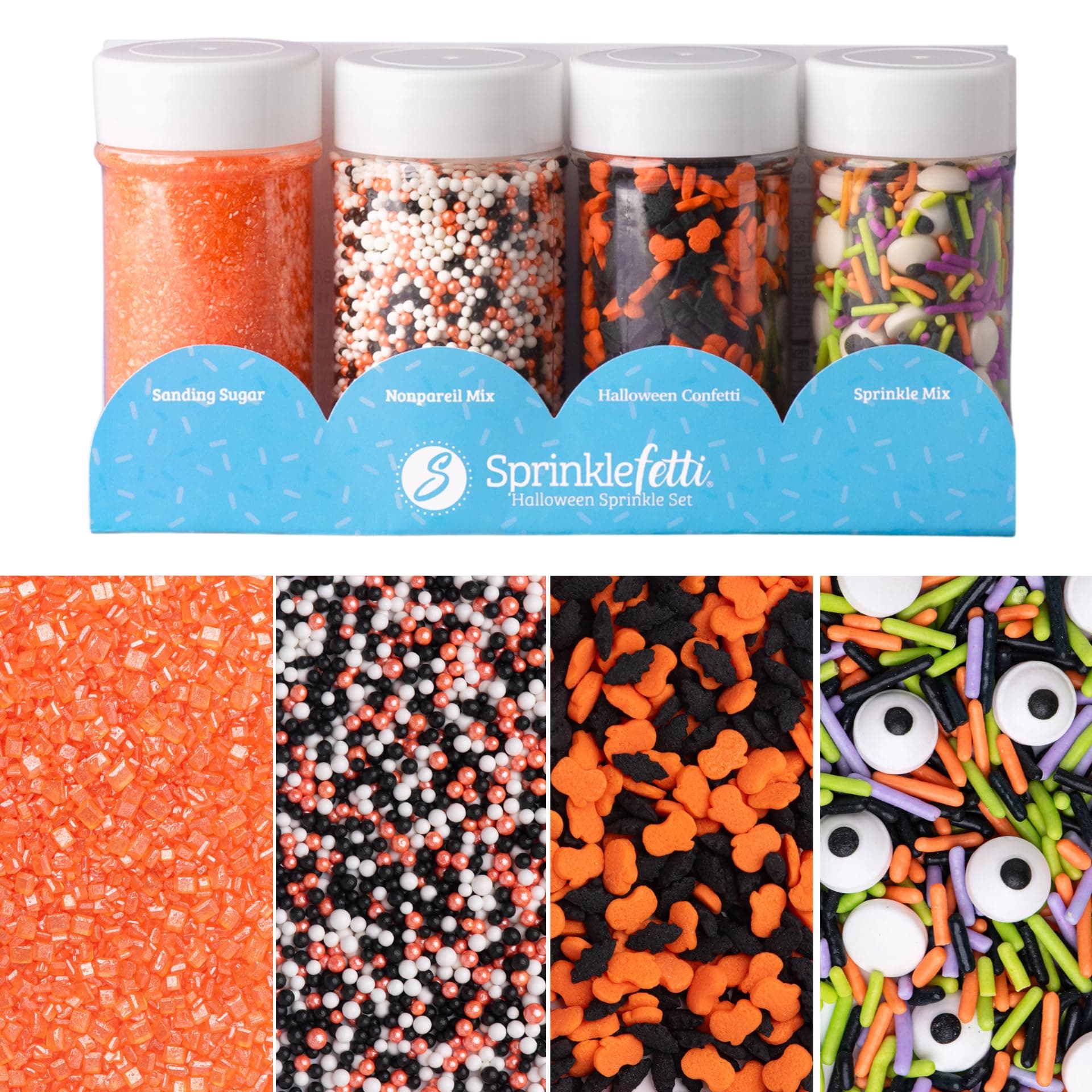 Sweets Indeed Halloween Sprinkles 4-Pack – 11.57 oz Jar Set | Candy Eyeball Mix, Bat & Pumpkin Quin Mix, Orange Sanding Sugar & Black/White/Orange Nonpareils | Cupcake & Cookie Decorations