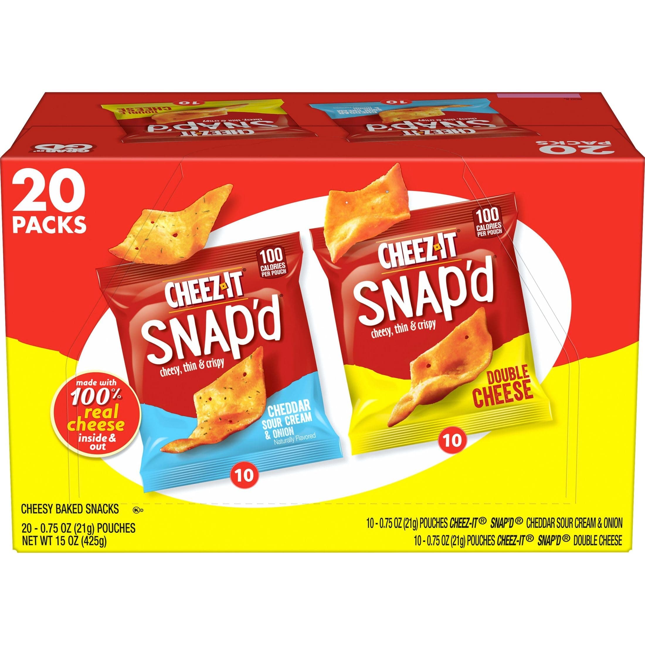 Cheez-It Snap'd Cheese Cracker Chips, Thin Crisps, Lunch Snacks, Variety Pack, 15oz Box (20 Packs)