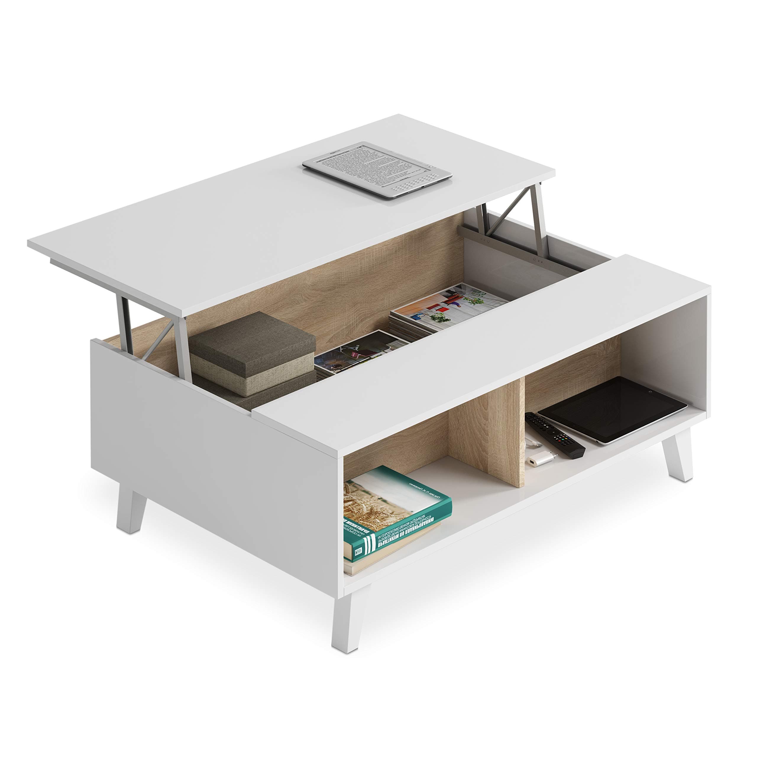 Raising Coffee Table, Zaiken Plus Model, Glossy White and Canadian Oak, Measurements: 100 cm (Width) x 38/48 cm (Height) x 68 cm (Depth)anadian Oak, Measures: 100 cm (length) x 38/48 cm (height) x 68 cm (depth)