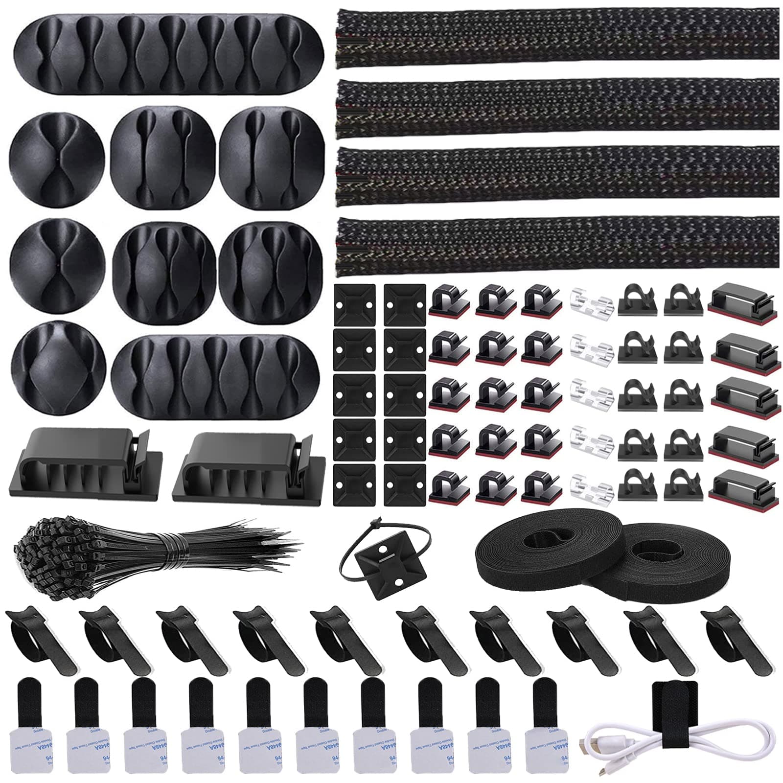 Cord Management Organizer Kit 4 Cable Sleeve split with 41Self Adhesive Cable Clips Holder, 10pcs and 2 Roll Self Adhesive tie and 100 Fastening Cable Ties for TV Office Car Desk Home
