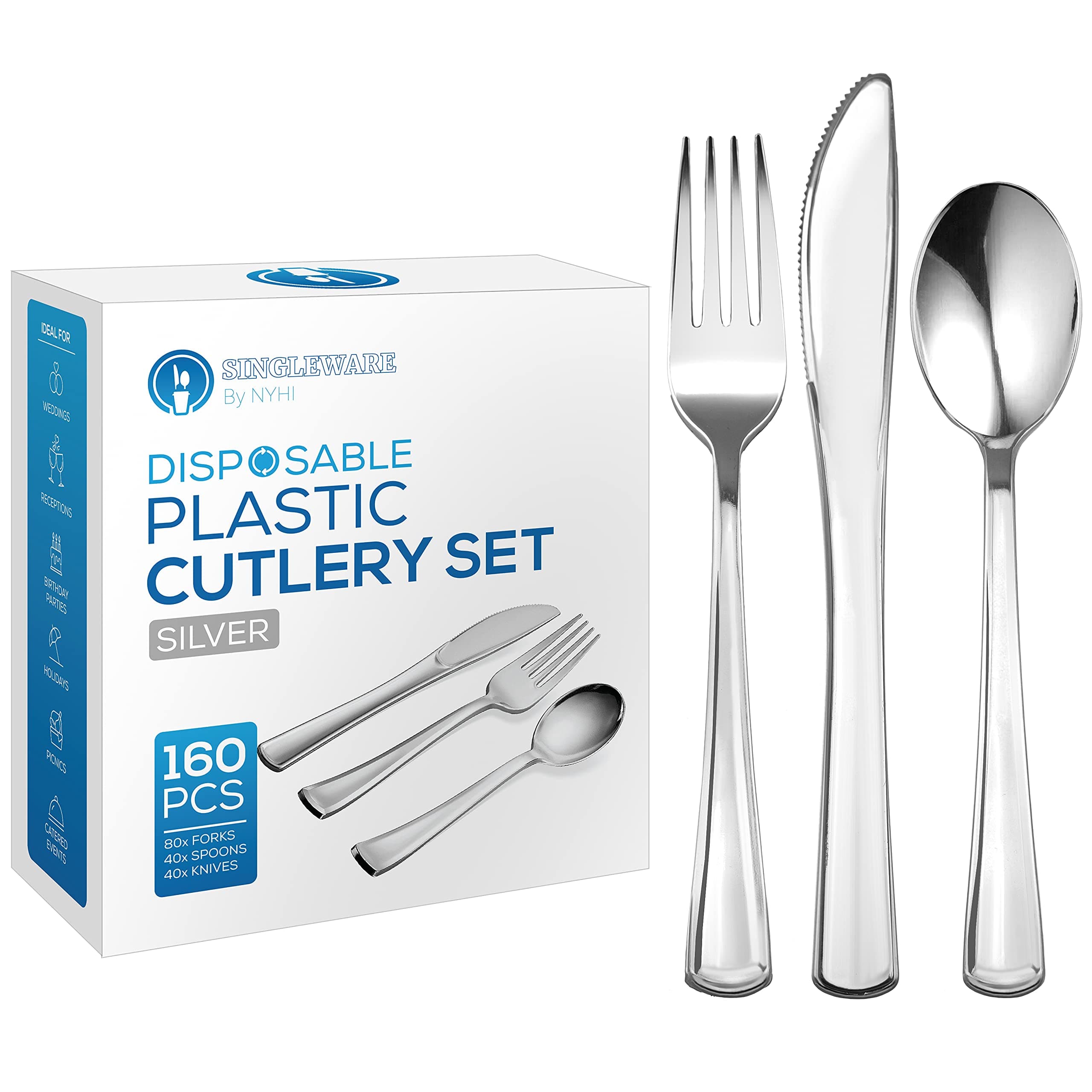 Heavy Duty Plastic Silverware Set 160 Piece Disposable Cutlery Set Includes 80 Forks 40 Knives 40 Spoons High End Plasticware Is Perfect For Catering Parties Dinners Weddings Everyday Use