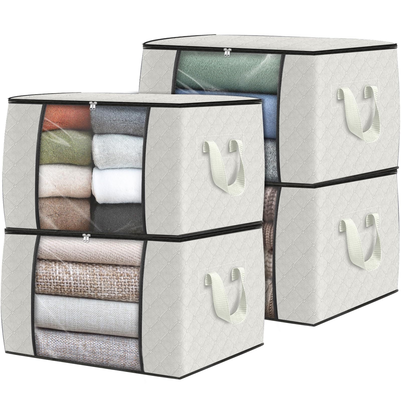 Fab totes 4 Pack Clothes Storage, Foldable Thick Fabric Blanket Storage Bags, Containers for Organizing Bedroom, Closet, Clothing, Comforter, Organization with Handle,Ivory White