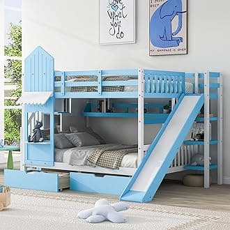 Full-Over-Full Castle Style Bunk Bed with 2 Drawers and 3 Shelves, Wooden Bed Frame with Safety Guardrail and Storage Staircase, House Bed with Slide (Blue-066)