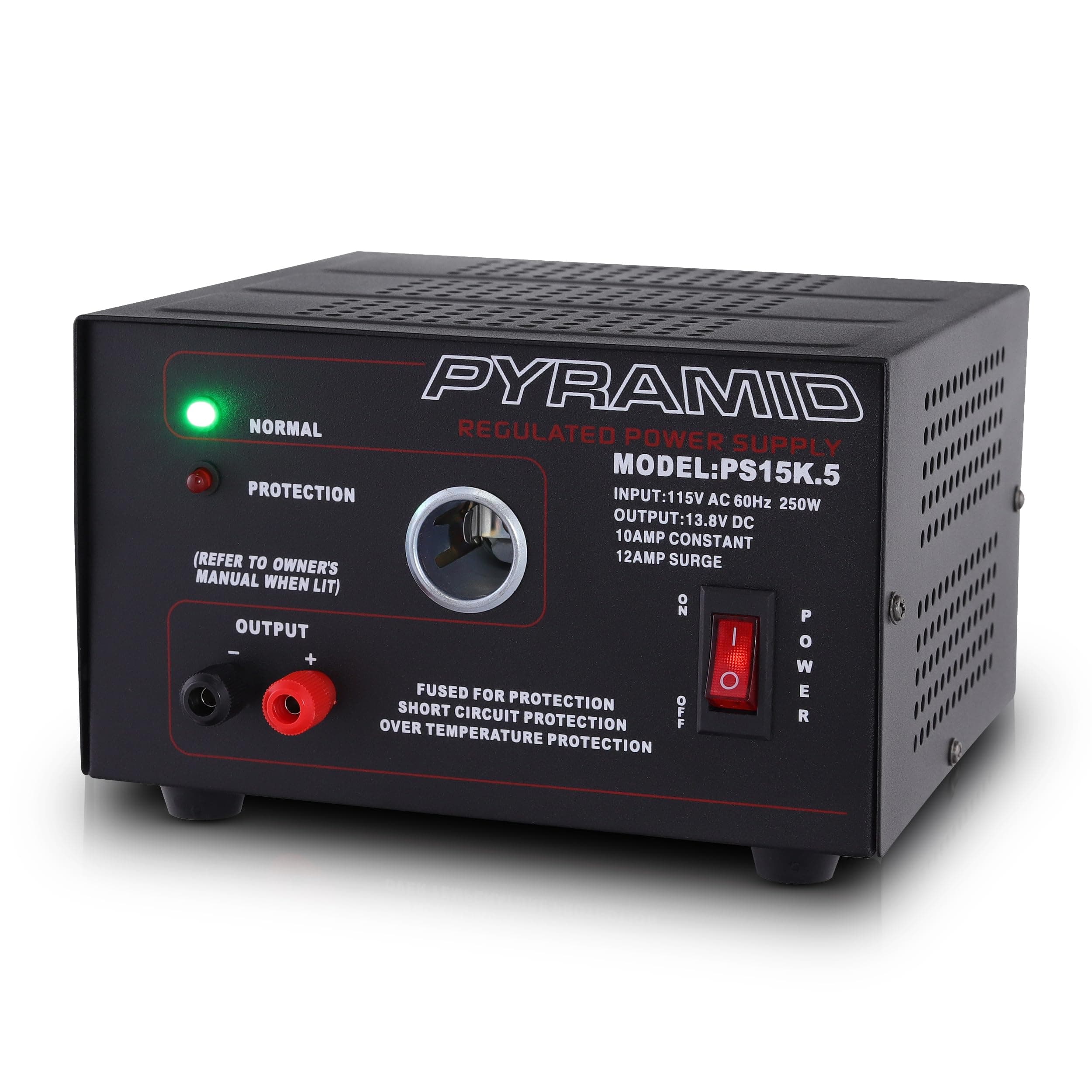 Pyramid Universal Compact Bench Power Supply - 10 Amp Linear Regulated Home Lab Benchtop AC-to-DC Converter w/ 13.8 Volt DC 115V AC 250W Input, Screw Type Terminal, 12V Car Cigarette Lighter-PS15K.5