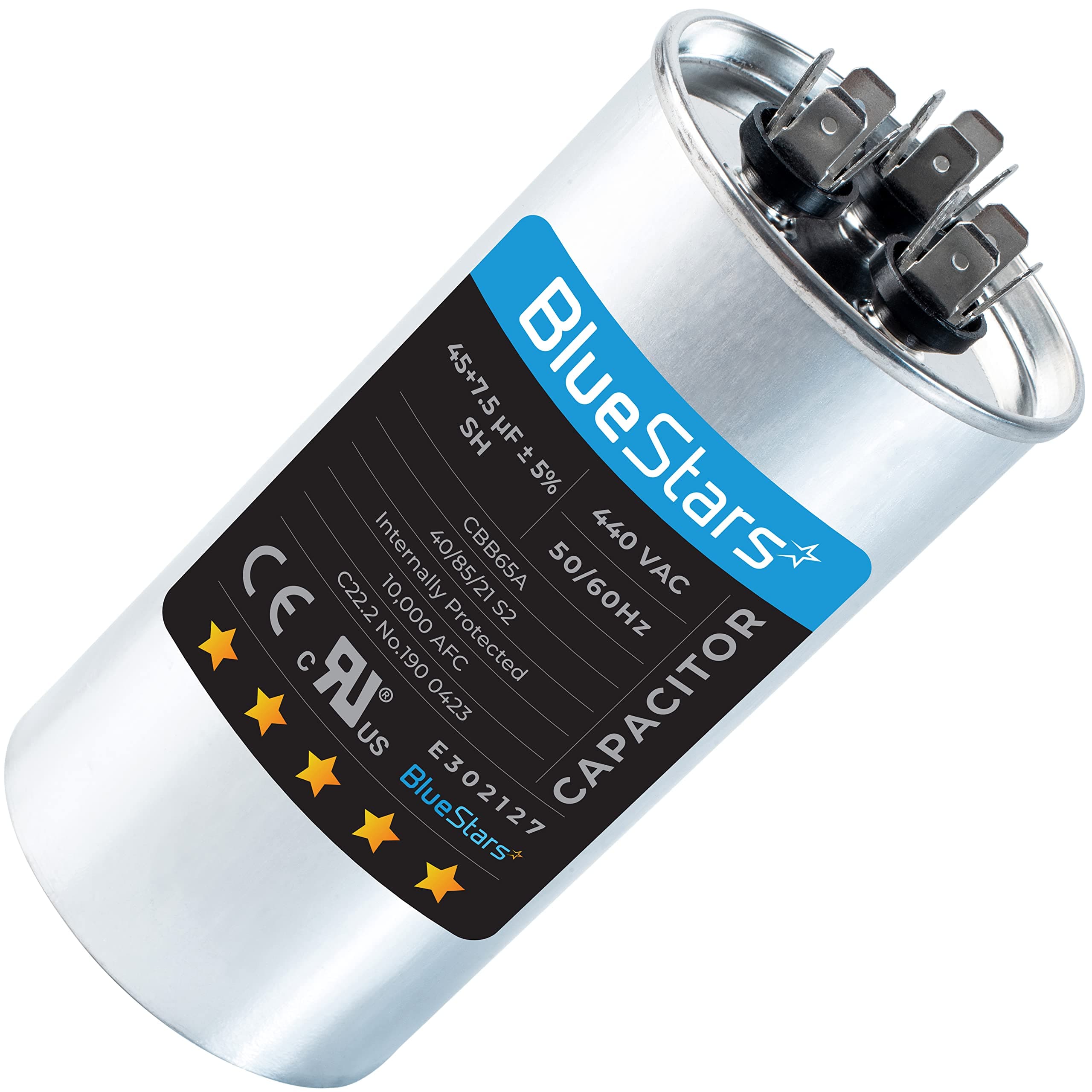 45 + 7.5 MFD uf 370 or 440 Volt VAC Round Dual Run Capacitor by BlueStars - Compatible for Air Conditioner or Heat Pump Condenser