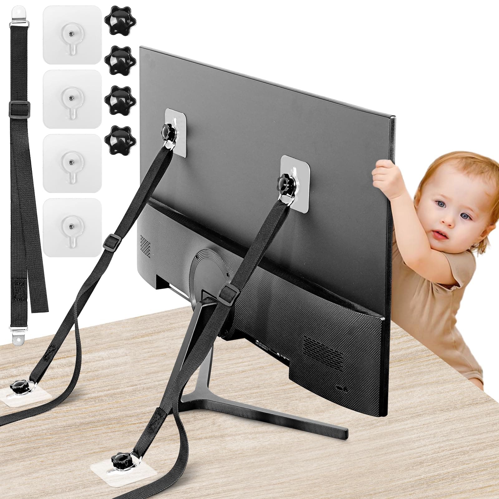 No Drill TV Straps Safety for Flat Screen, Adjustable 18" to 36" TV Safety Straps for Baby Proofing, Anti-Tip Furniture Anchors for Kid and Pet Fixing to Cabinet Desk, Earthquake Straps