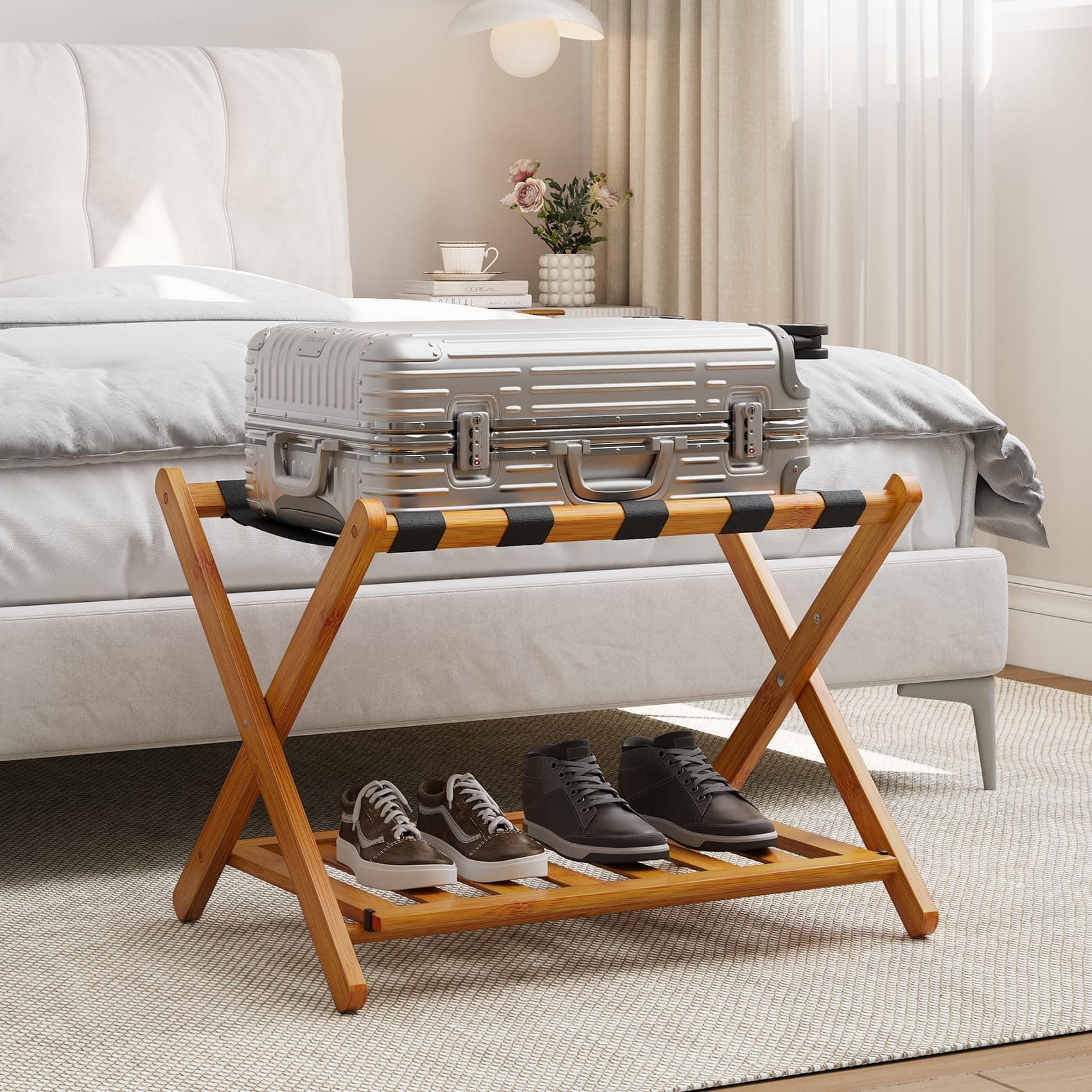 Fully Assembled Bamboo Luggage Racks, Foldable Suitcase Stand with 5 Nylon Straps, Luggage Stand with Shoe Shelf Ideal for Guest Room, Bedroom, Hotel, Honey Oak